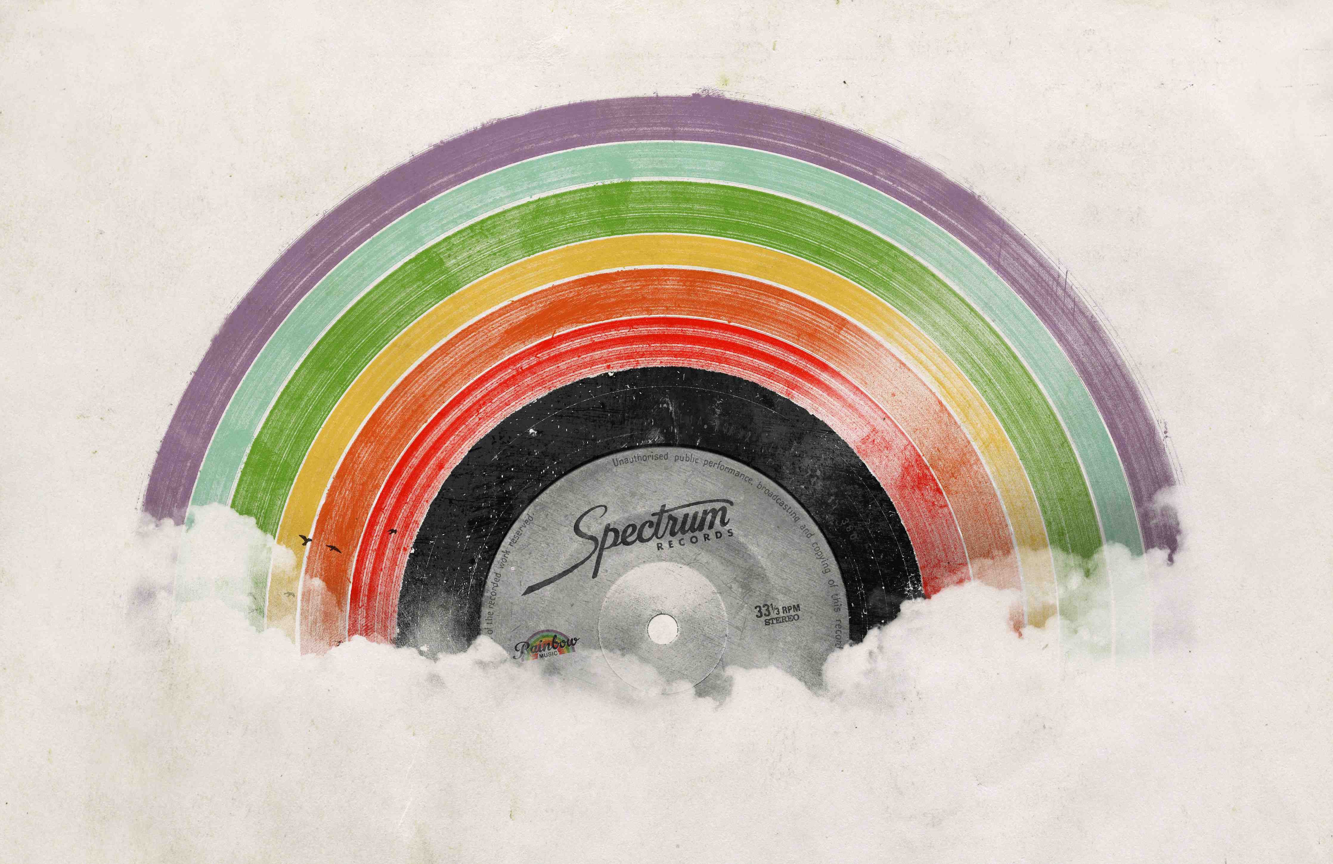 Große Wandbilder-Bunter Regenbogen auf Vinylplatte mit Wolken