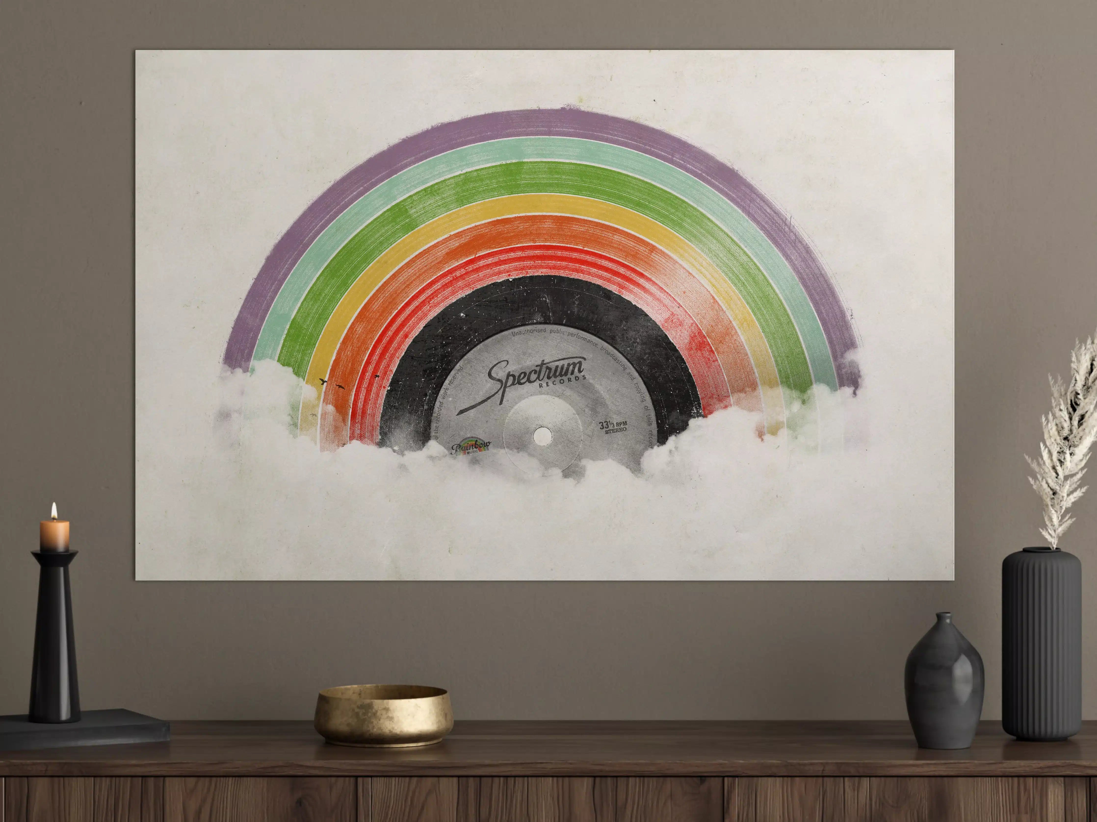 Große Wandbilder - Bunter Regenbogen auf Vinylplatte mit Wolken