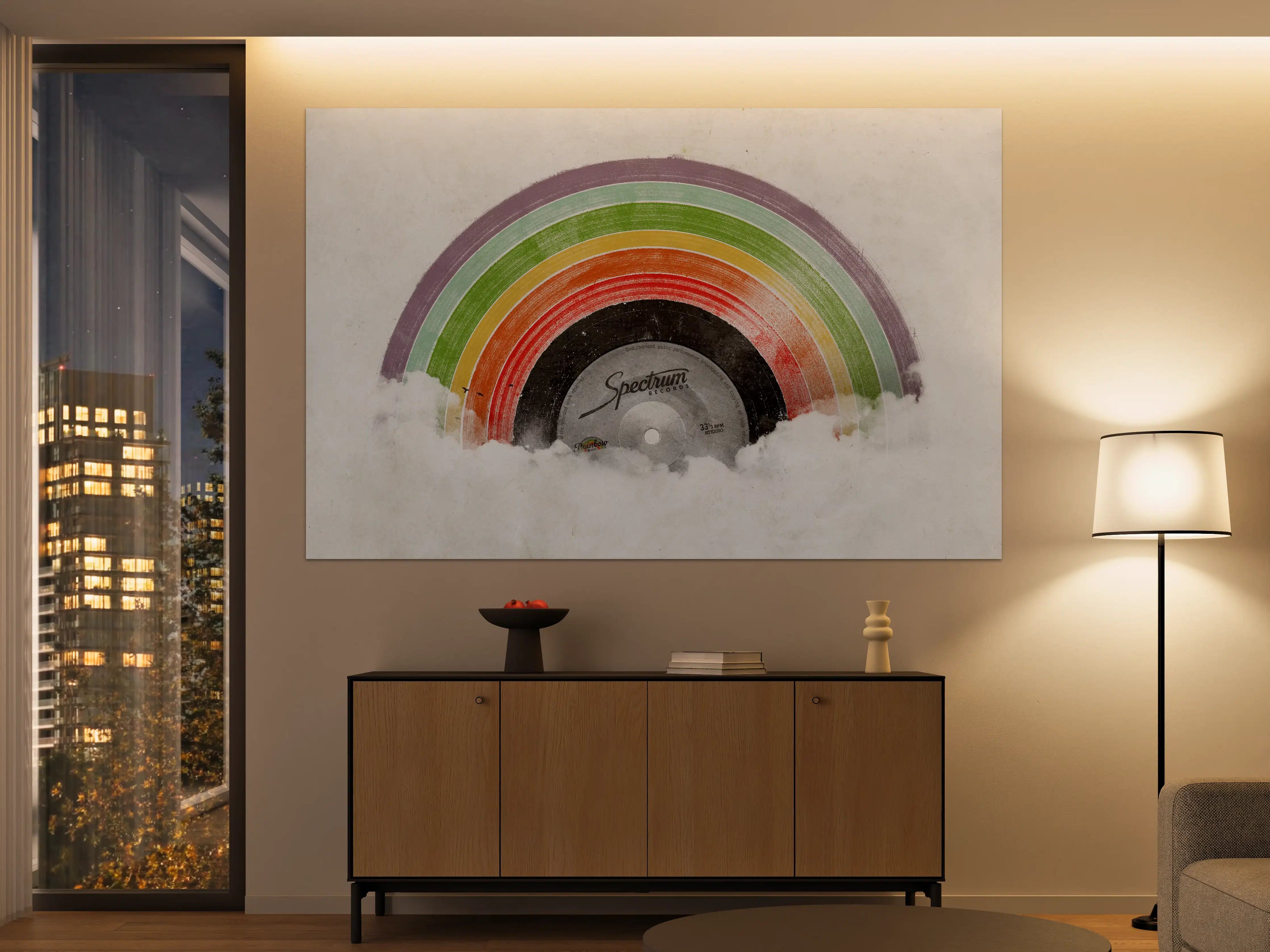 Große Wandbilder - Bunter Regenbogen auf Vinylplatte mit Wolken