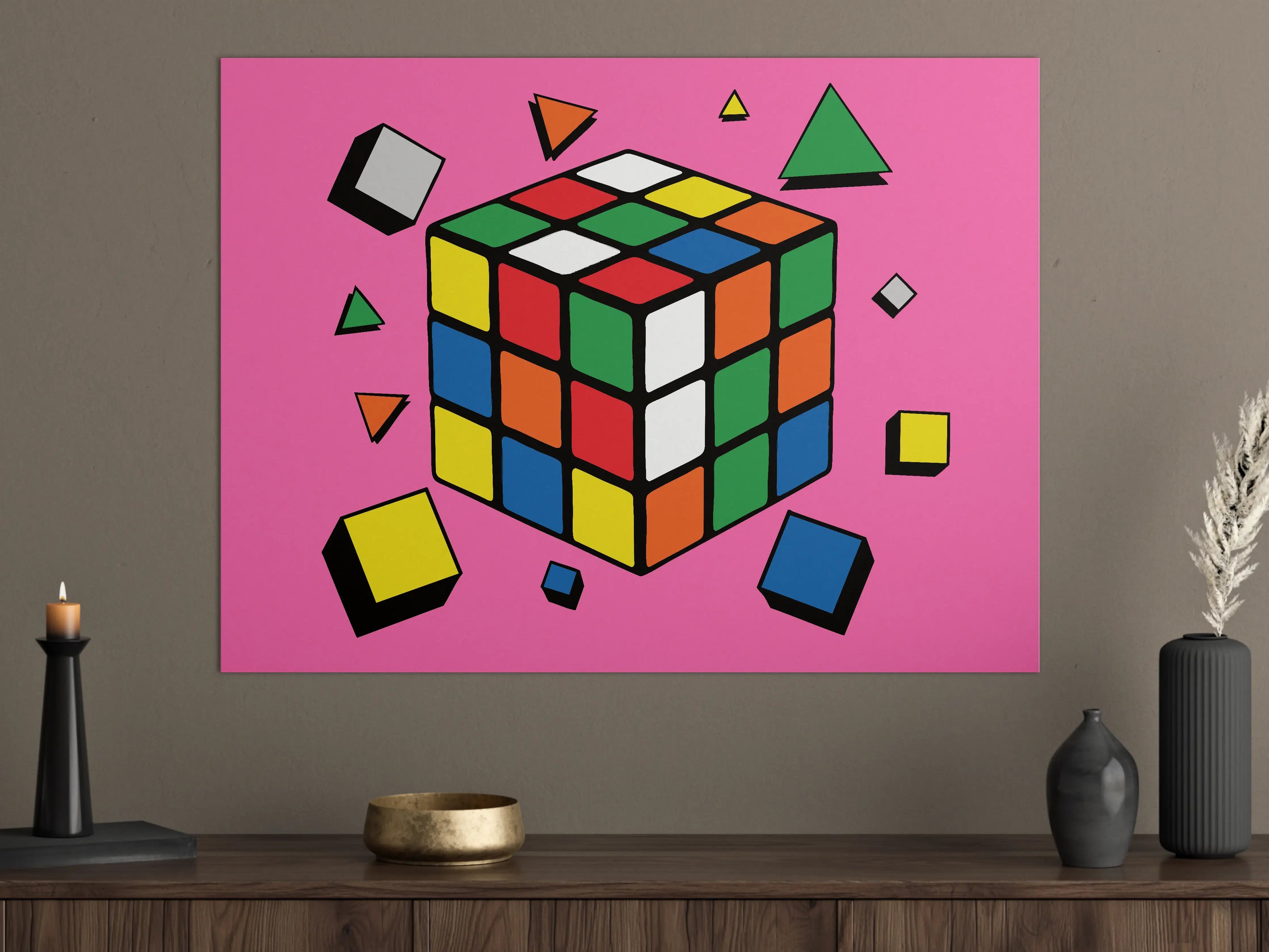 Große Wandbilder - Bunter Rubik's Cube auf Pinkem Hintergrund