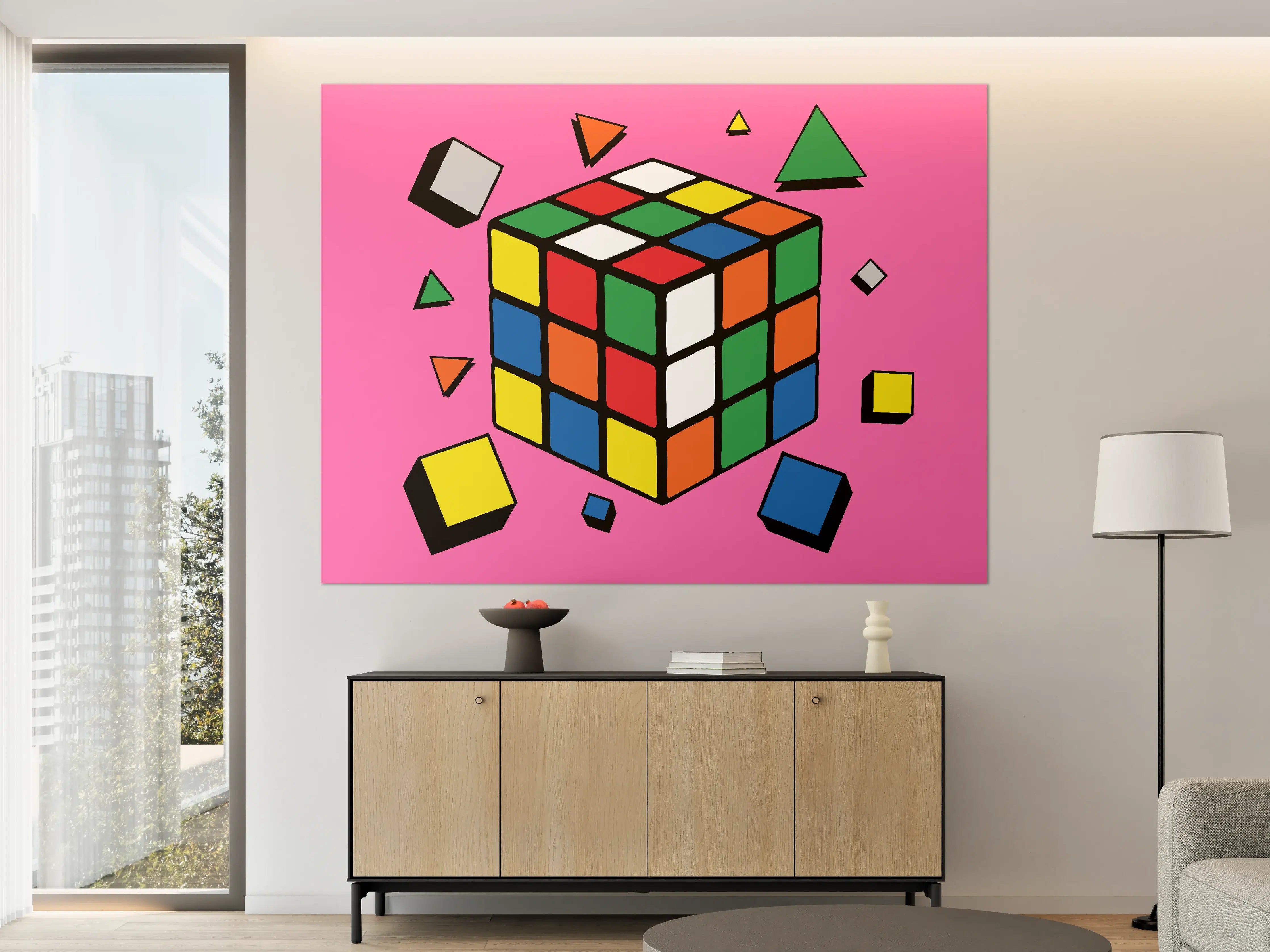 Große Wandbilder - Bunter Rubik's Cube auf Pinkem Hintergrund
