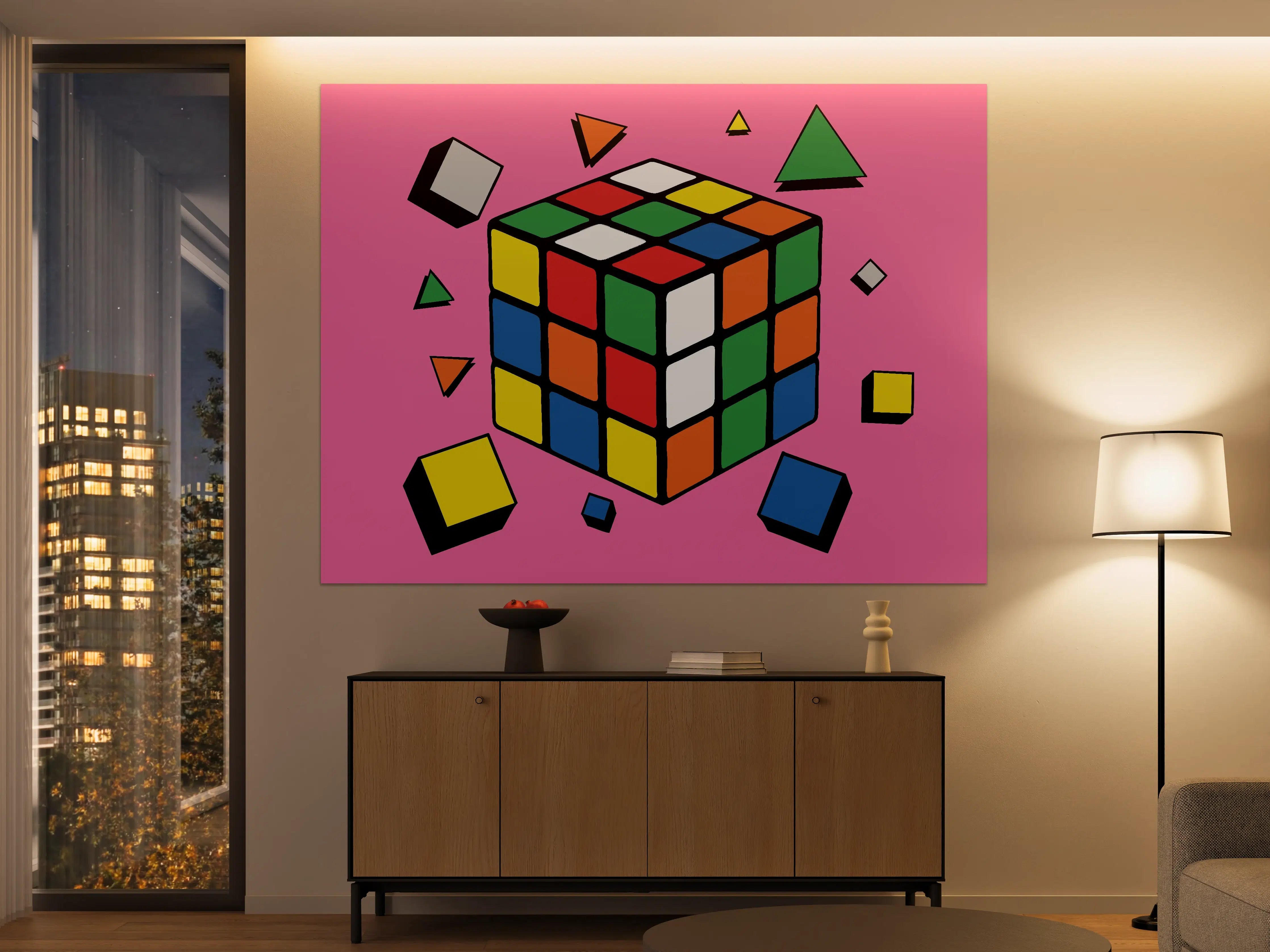 Große Wandbilder - Bunter Rubik's Cube auf Pinkem Hintergrund