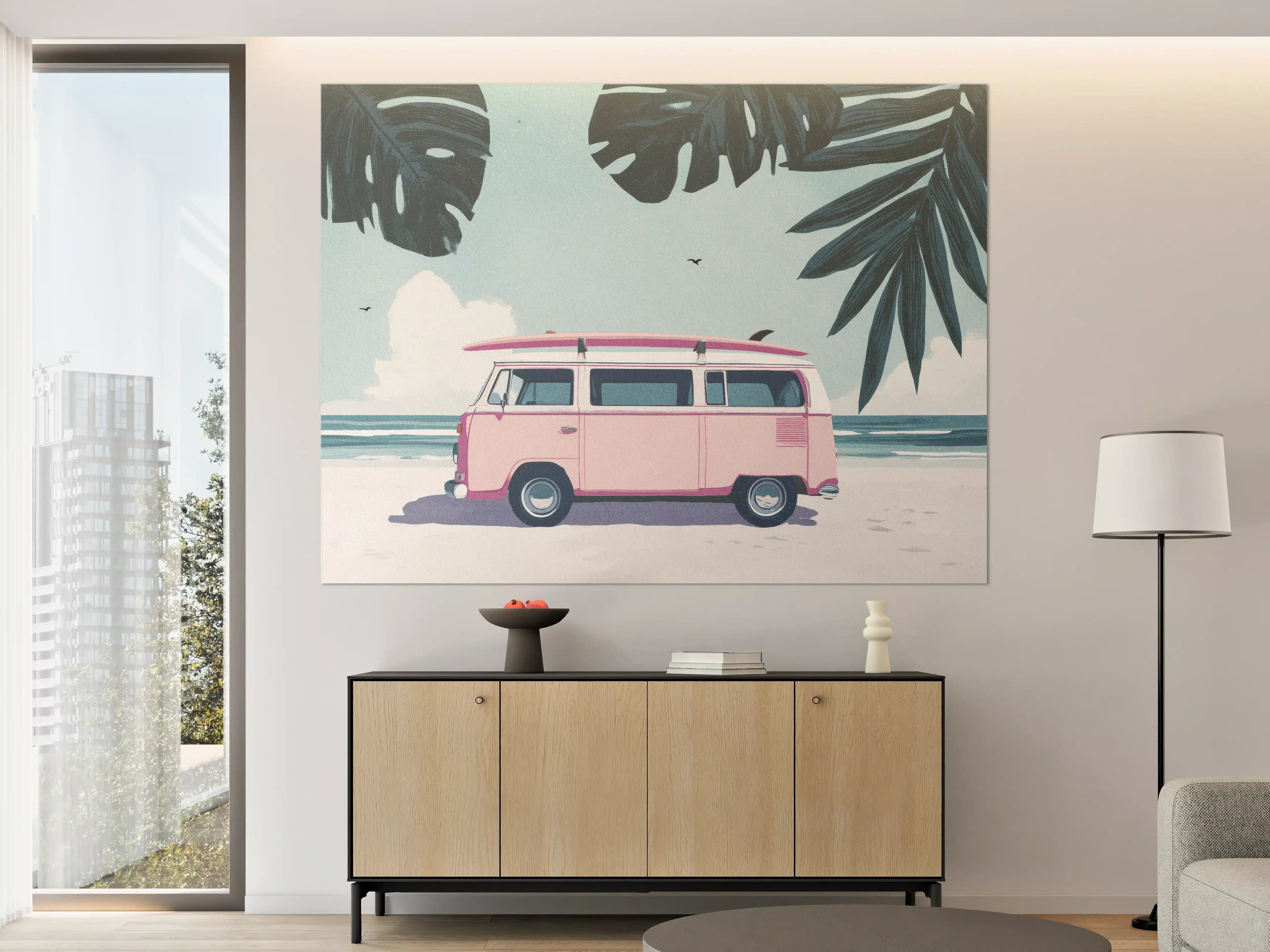 Große Wandbilder - Bunter VW-Bulli am Strand