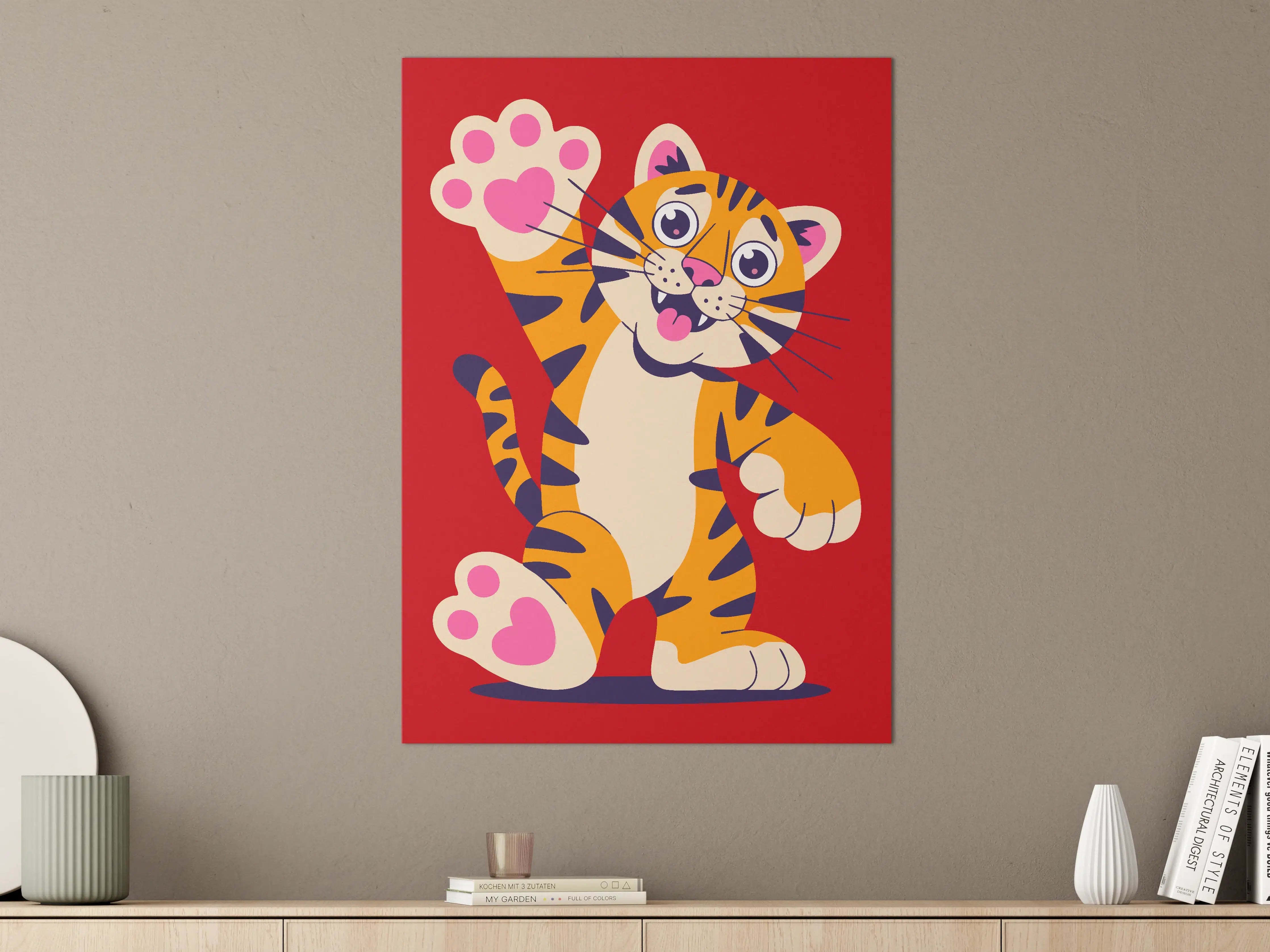 Große Wandbilder - Bunter tigerischer Cartoon mit Pfotenabdruck