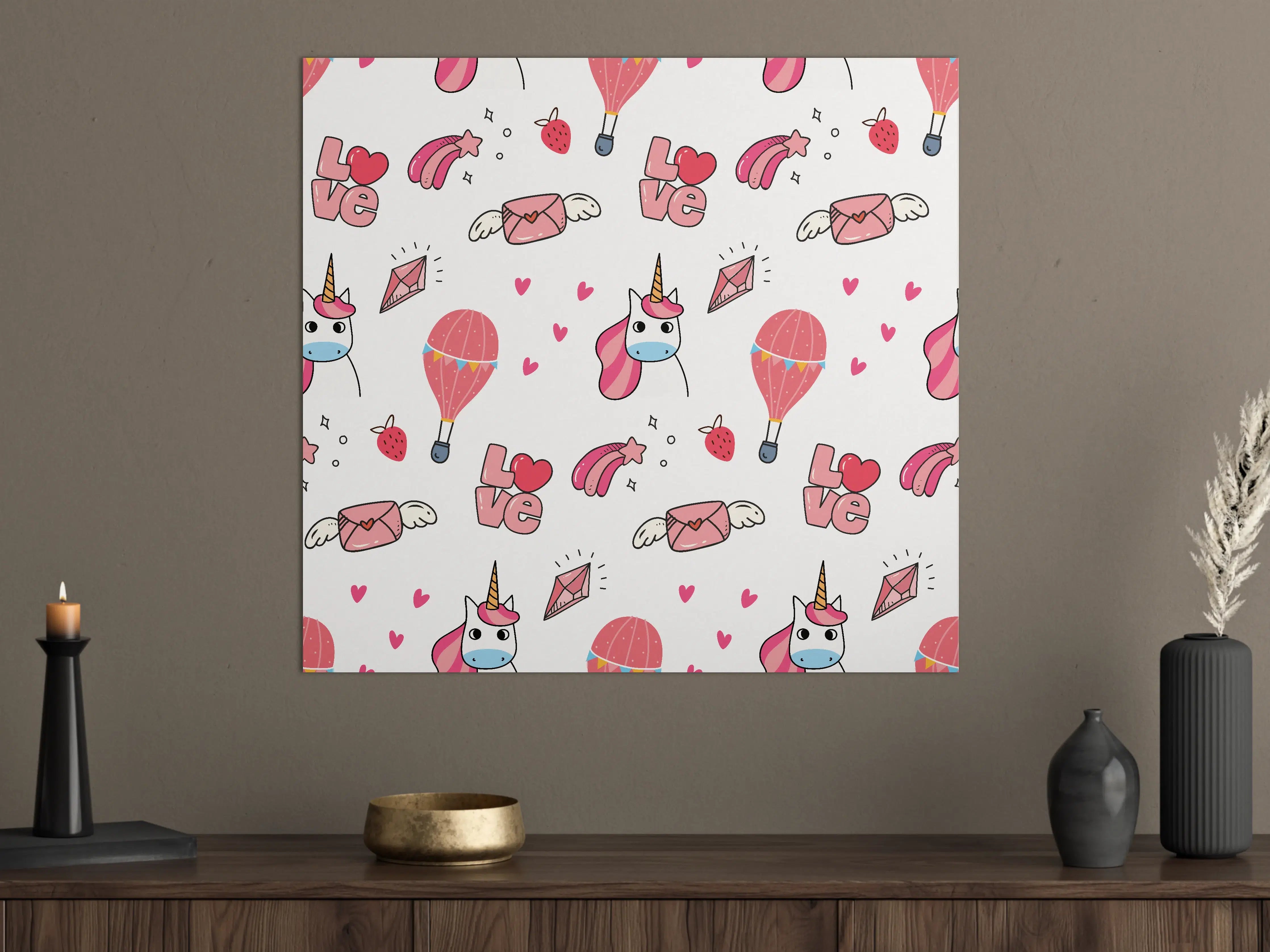 Große Wandbilder - Buntes Einhorn & Liebe Muster