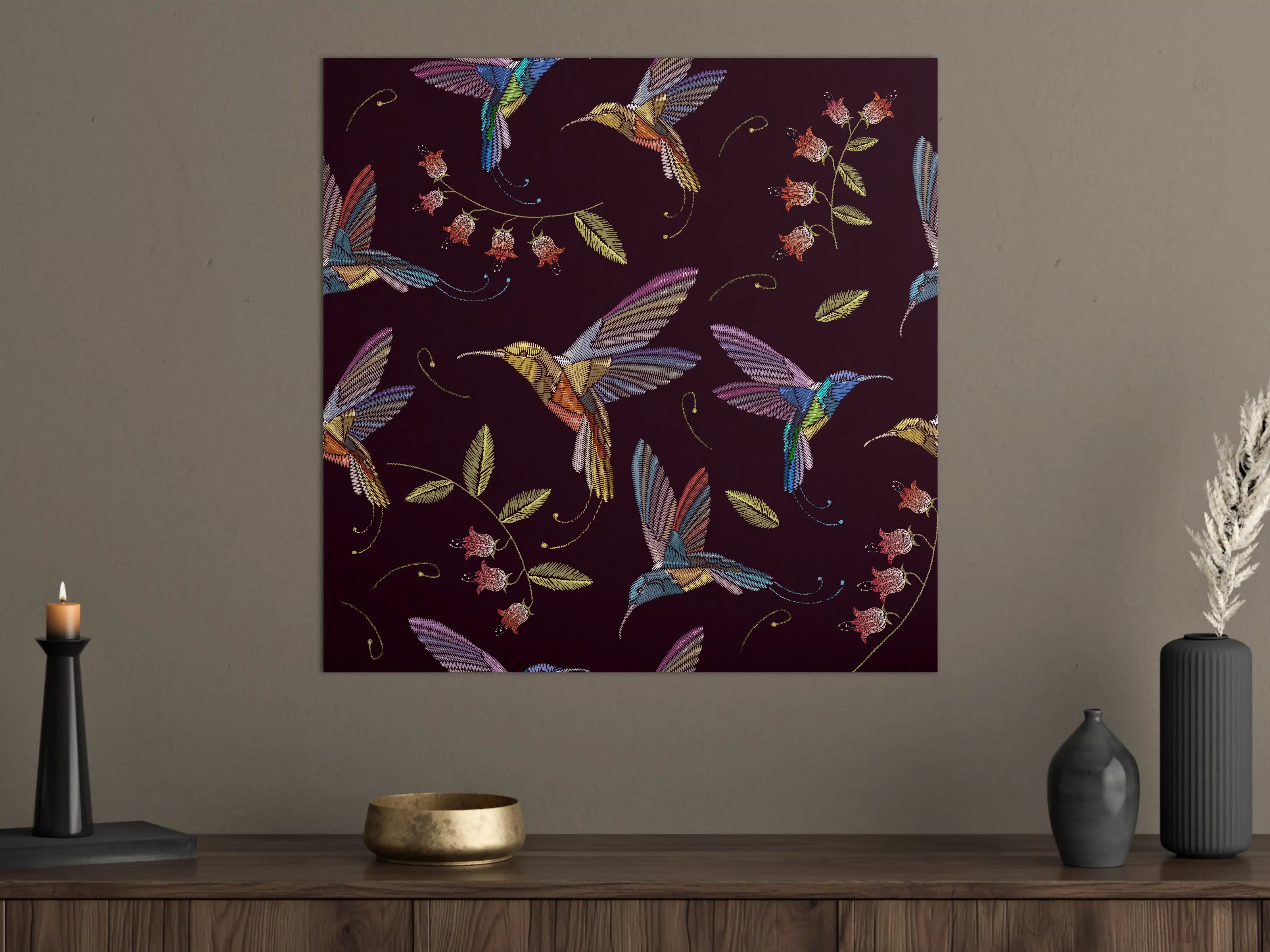 Große Wandbilder - Buntes Kolibri Blumen Muster