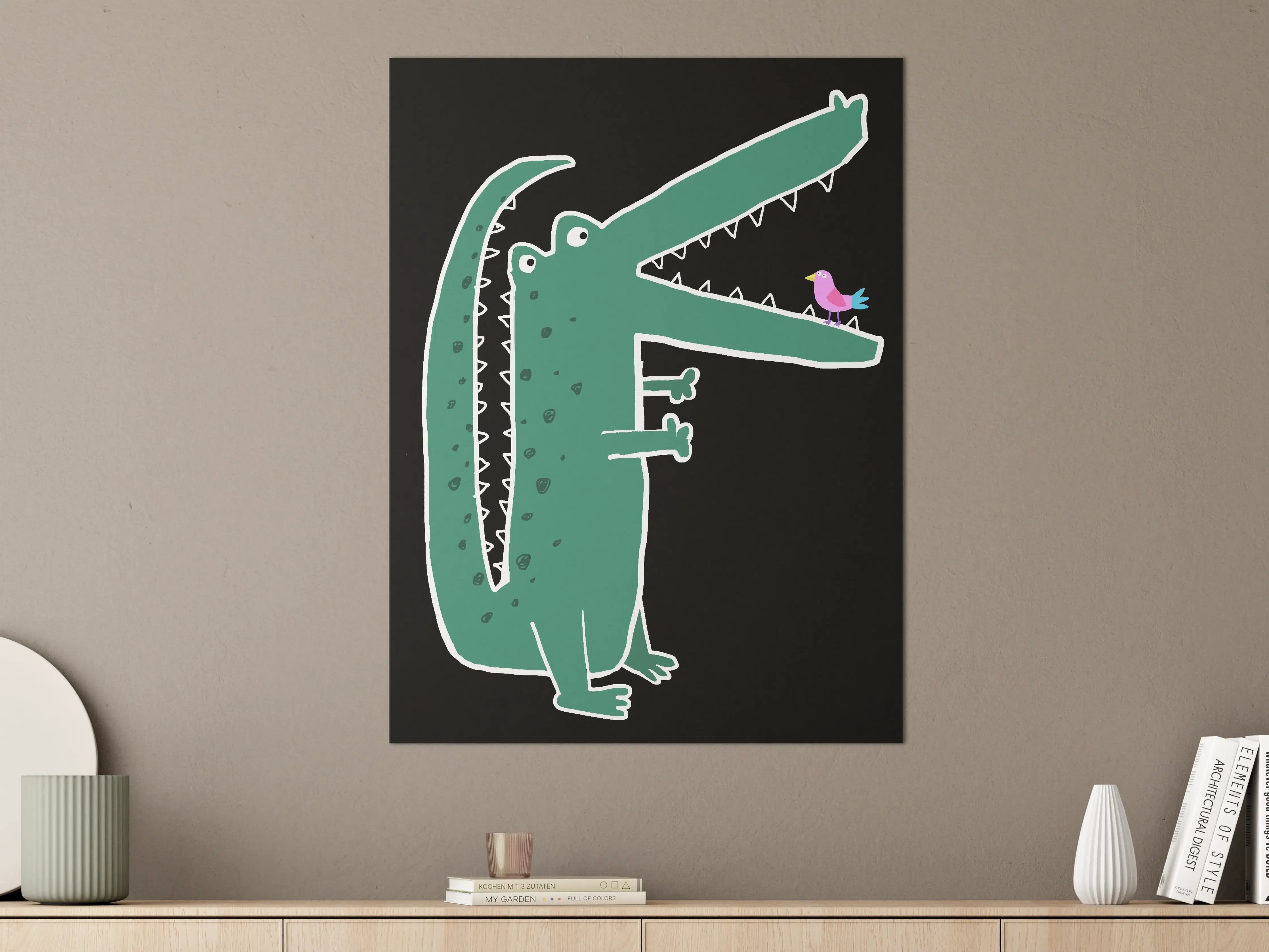 Große Wandbilder - Cartoon-Krokodil mit Vogel
