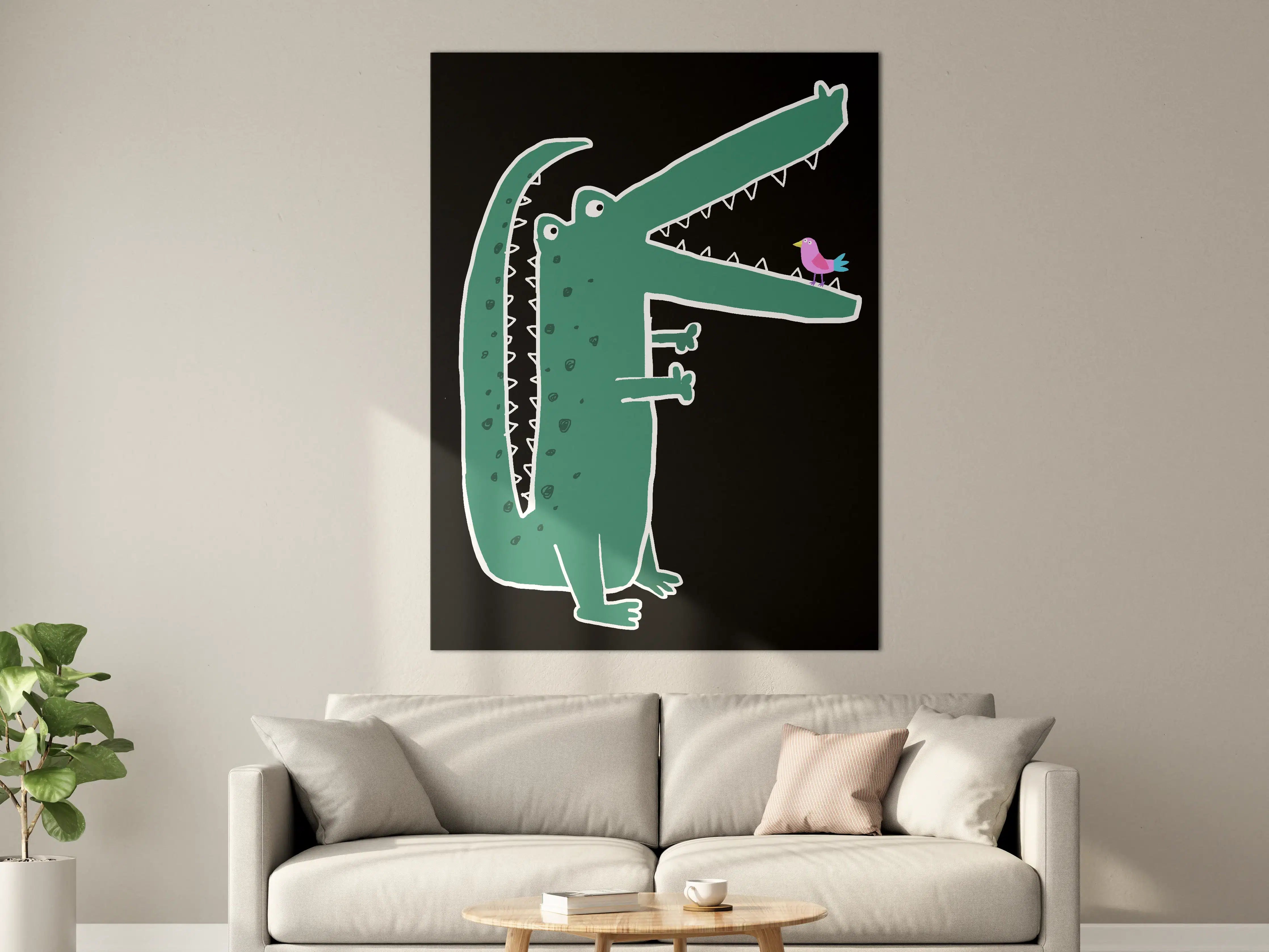 Große Wandbilder - Cartoon-Krokodil mit Vogel