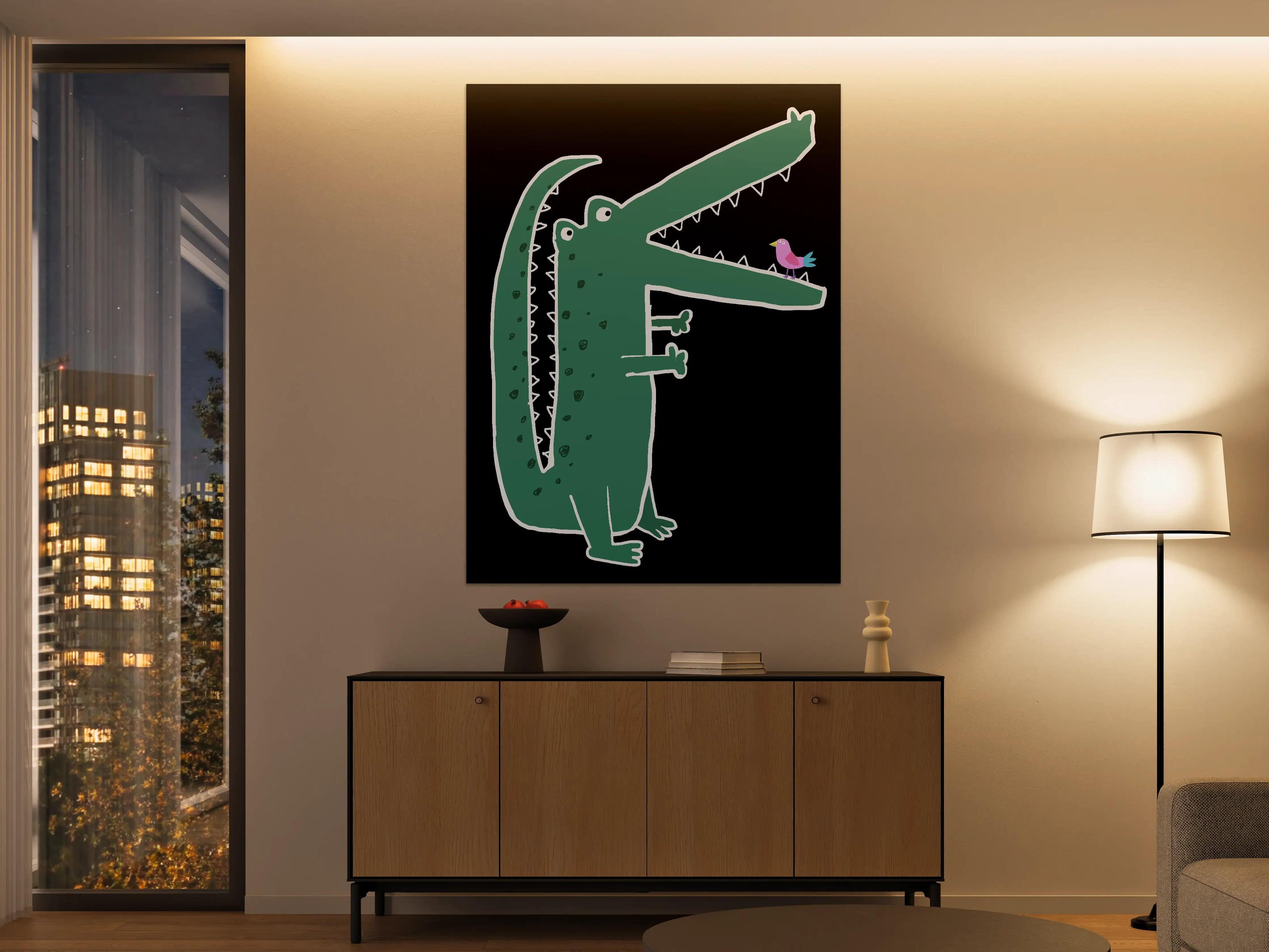 Große Wandbilder - Cartoon-Krokodil mit Vogel