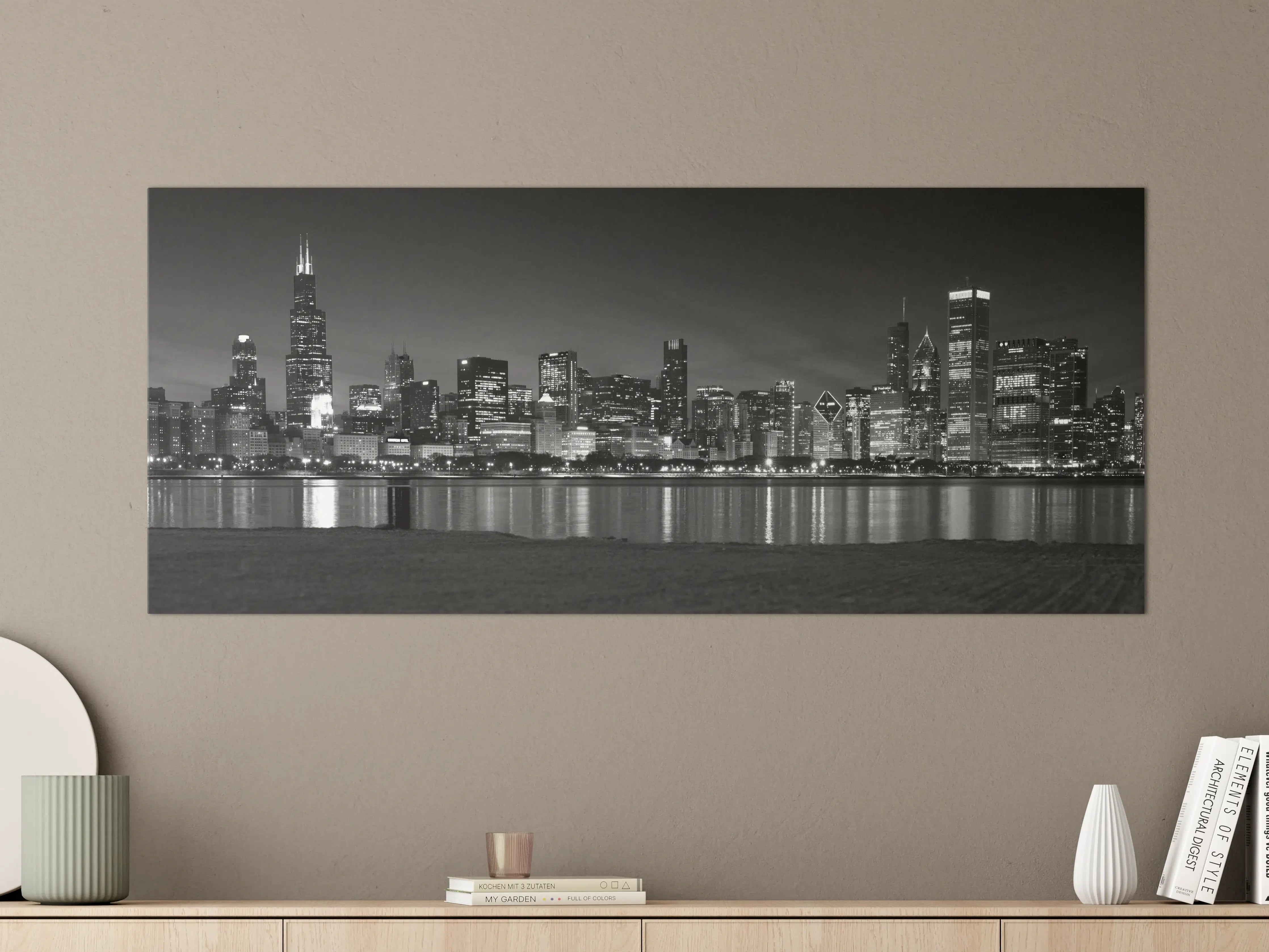 Große Wandbilder - Chicago Skyline bei Nacht in Schwarz-Weiß