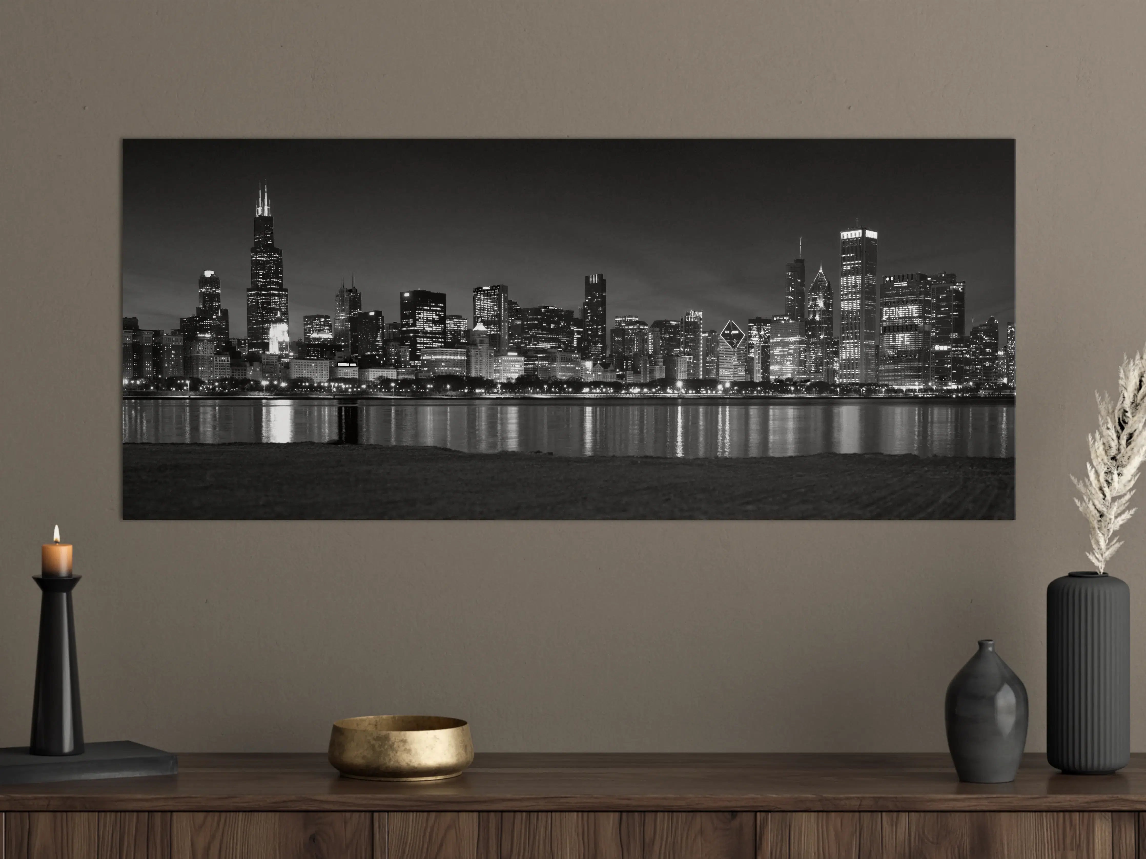 Große Wandbilder - Chicago Skyline bei Nacht in Schwarz-Weiß