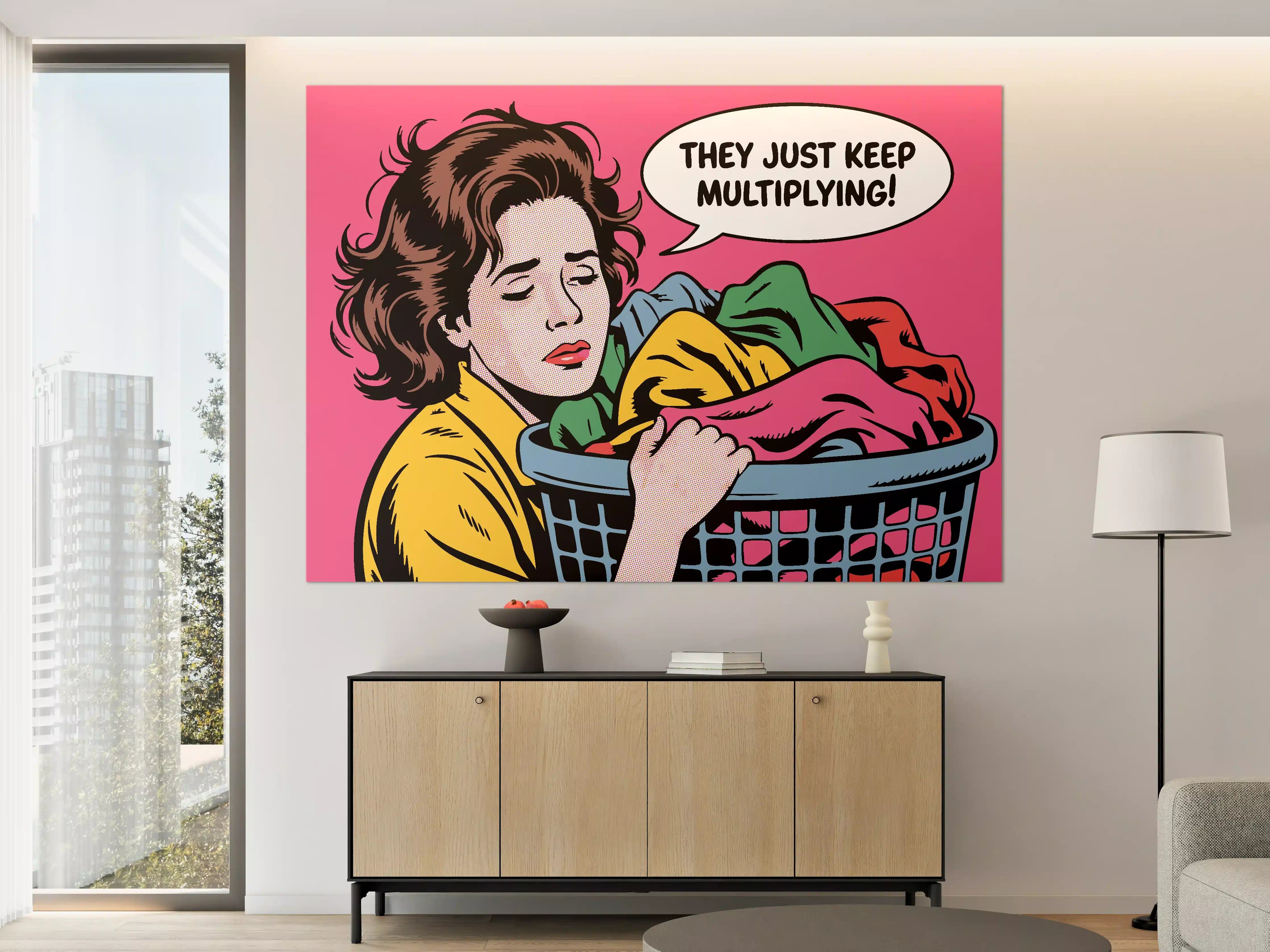 Große Wandbilder - Comic-Style Frauenbild mit Wäschekorb