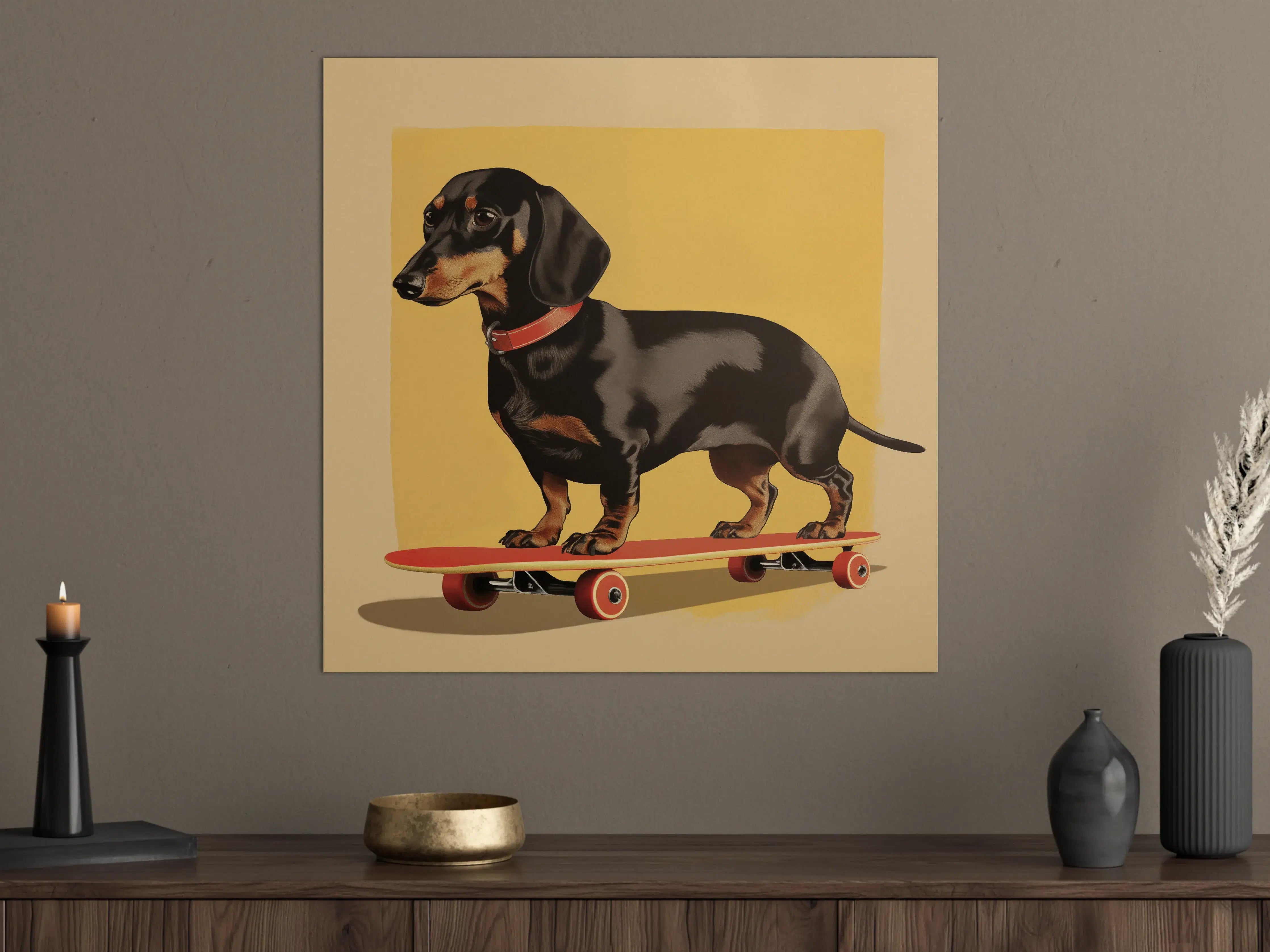 Große Wandbilder - Dackel auf Skateboard vor gelbem Hintergrund