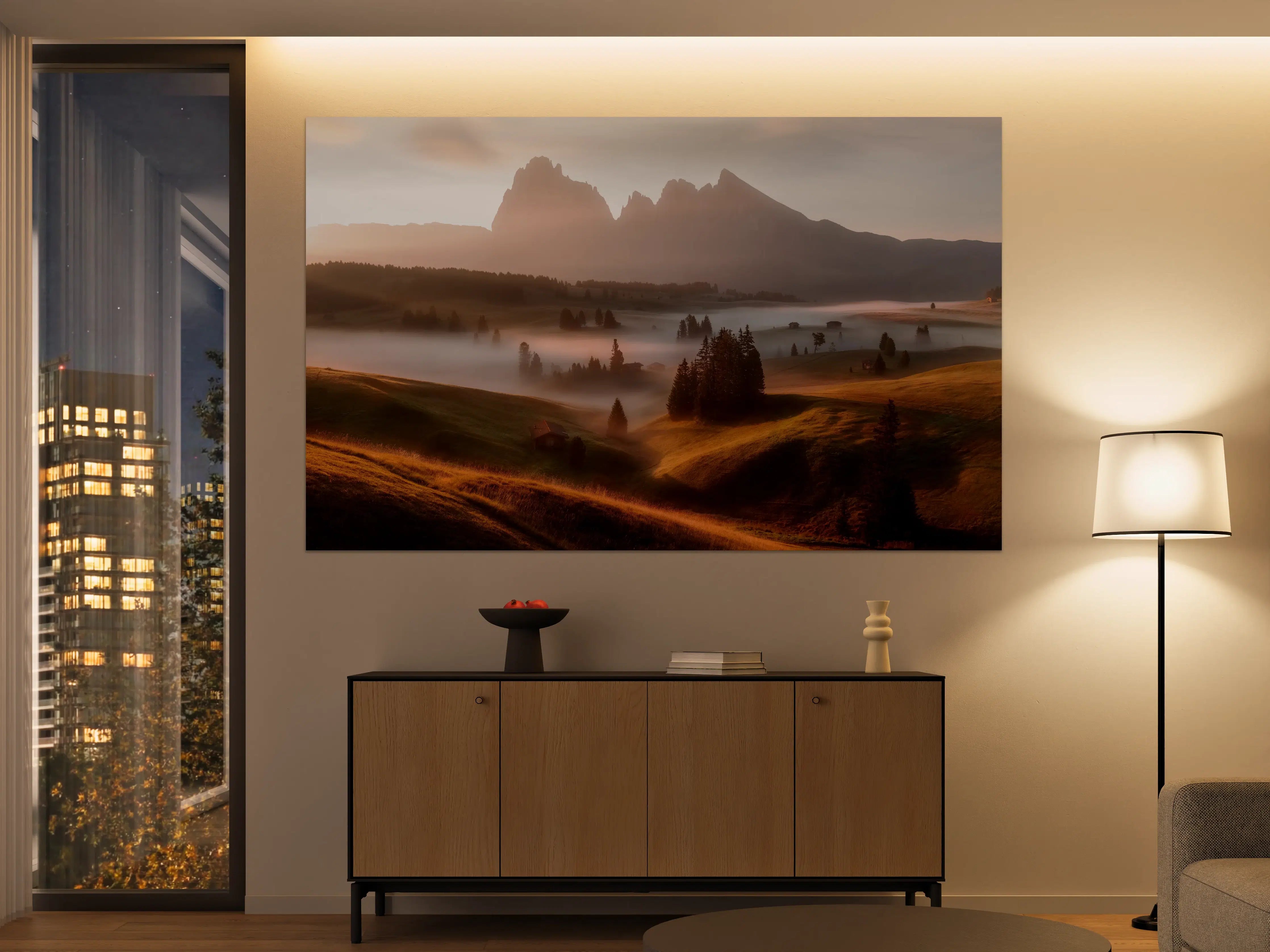 Große Wandbilder - Dämmerungslandschaft mit Bergen und Wäldern