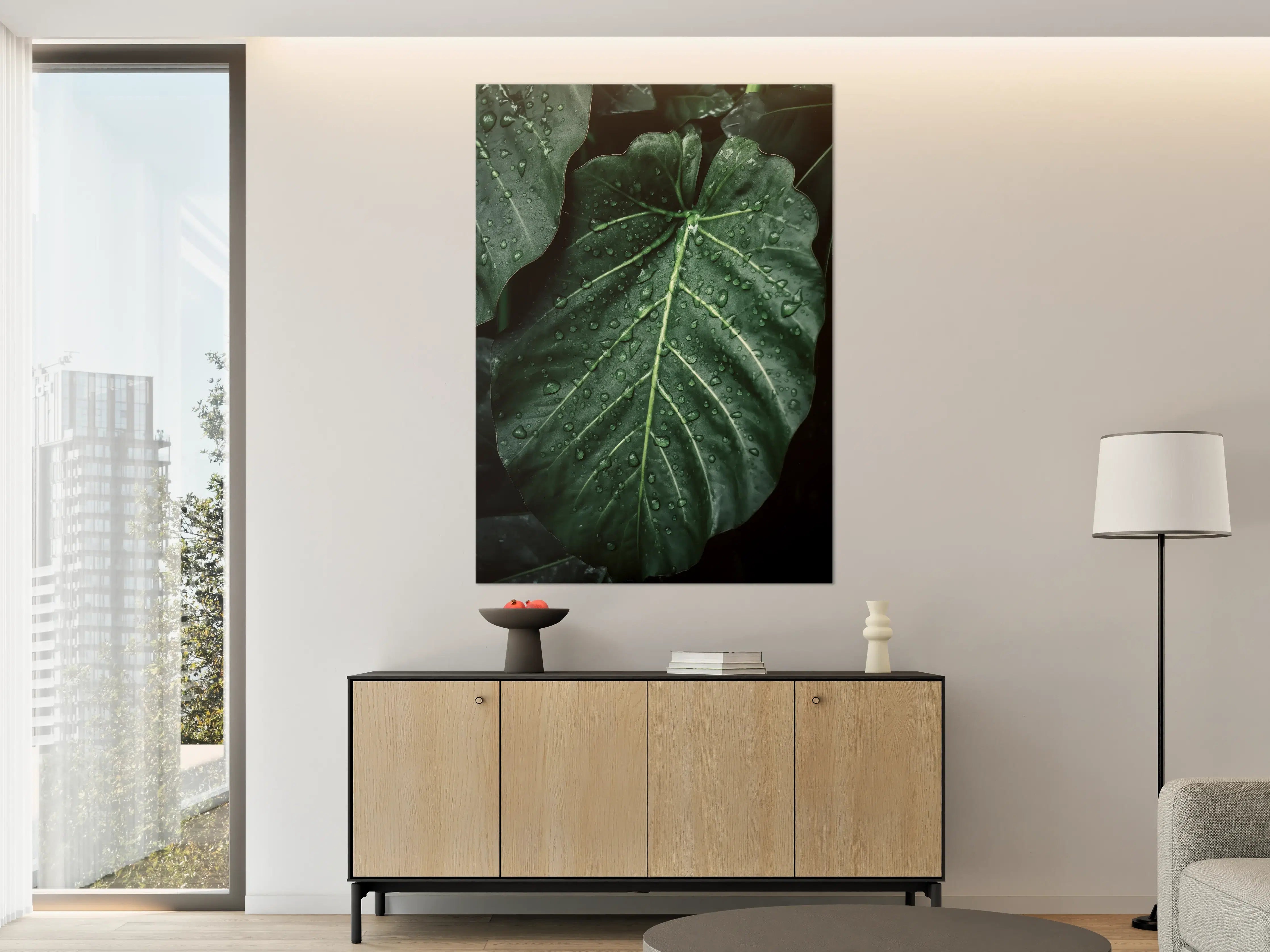 Große Wandbilder - Detaillierte Nahaufnahme eines grünen Blattes mit Wassertröpfchen