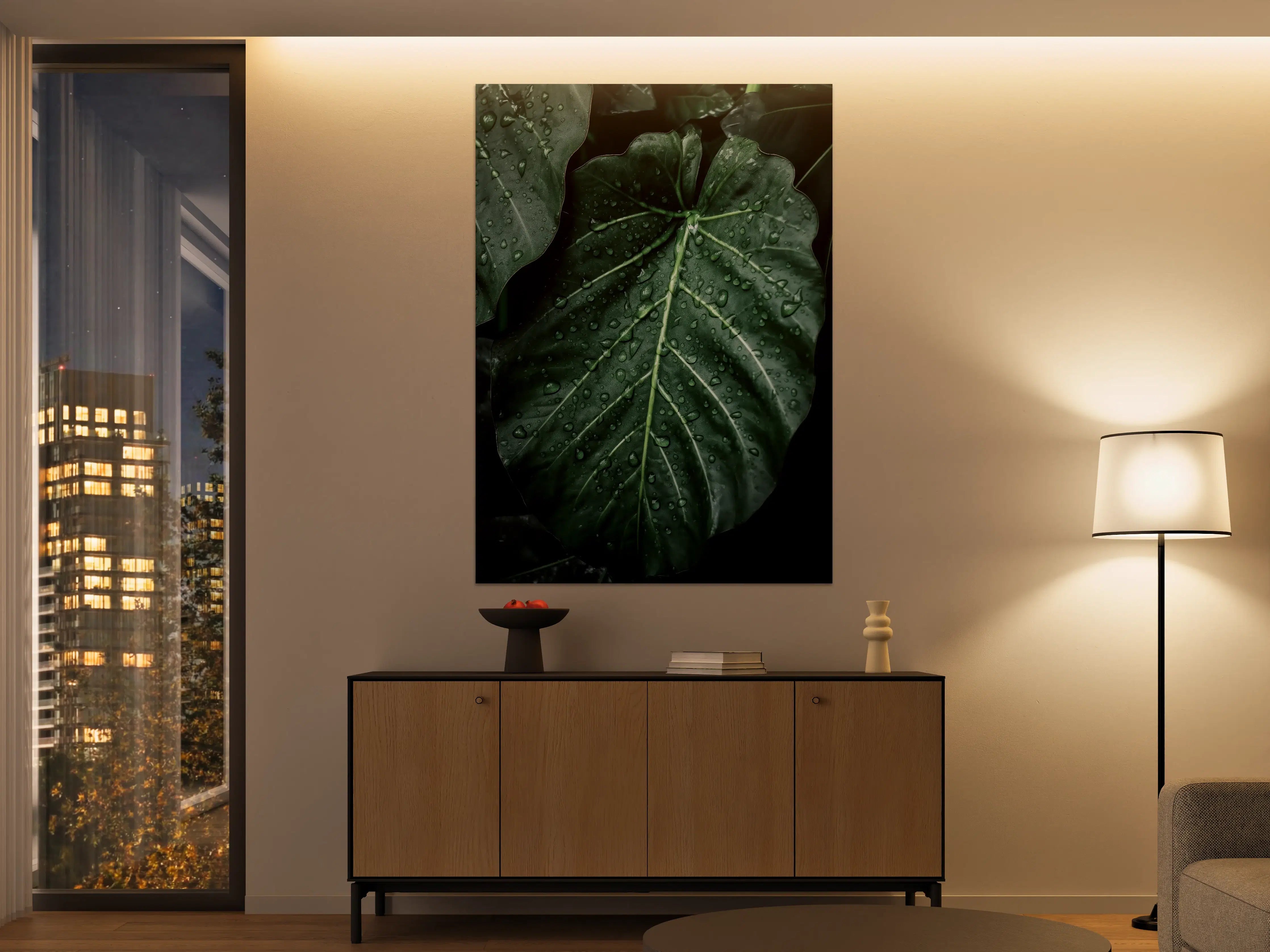 Große Wandbilder - Detaillierte Nahaufnahme eines grünen Blattes mit Wassertröpfchen