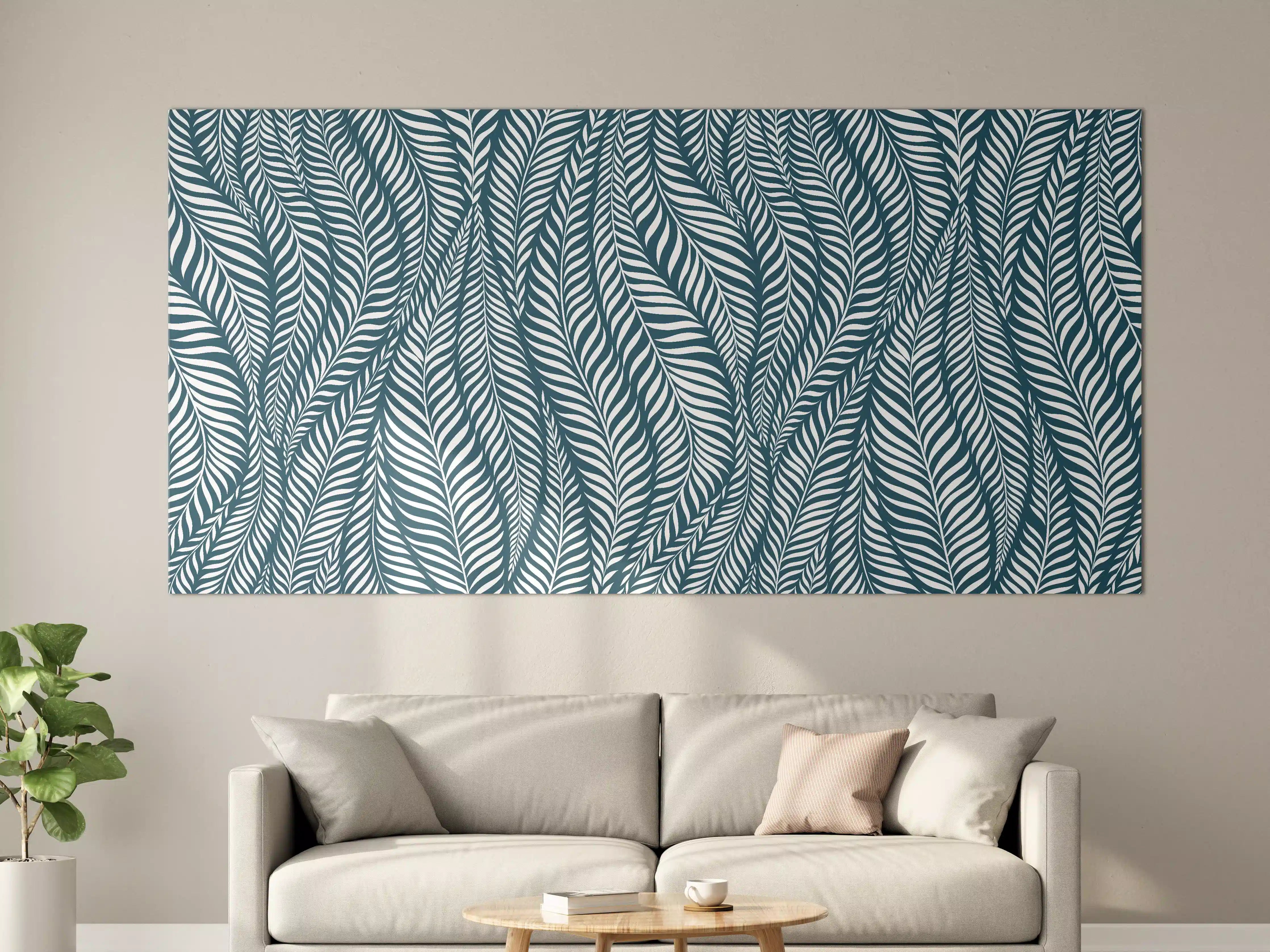 Große Wandbilder - Detailliertes Wandbild mit Blättermuster in Blau