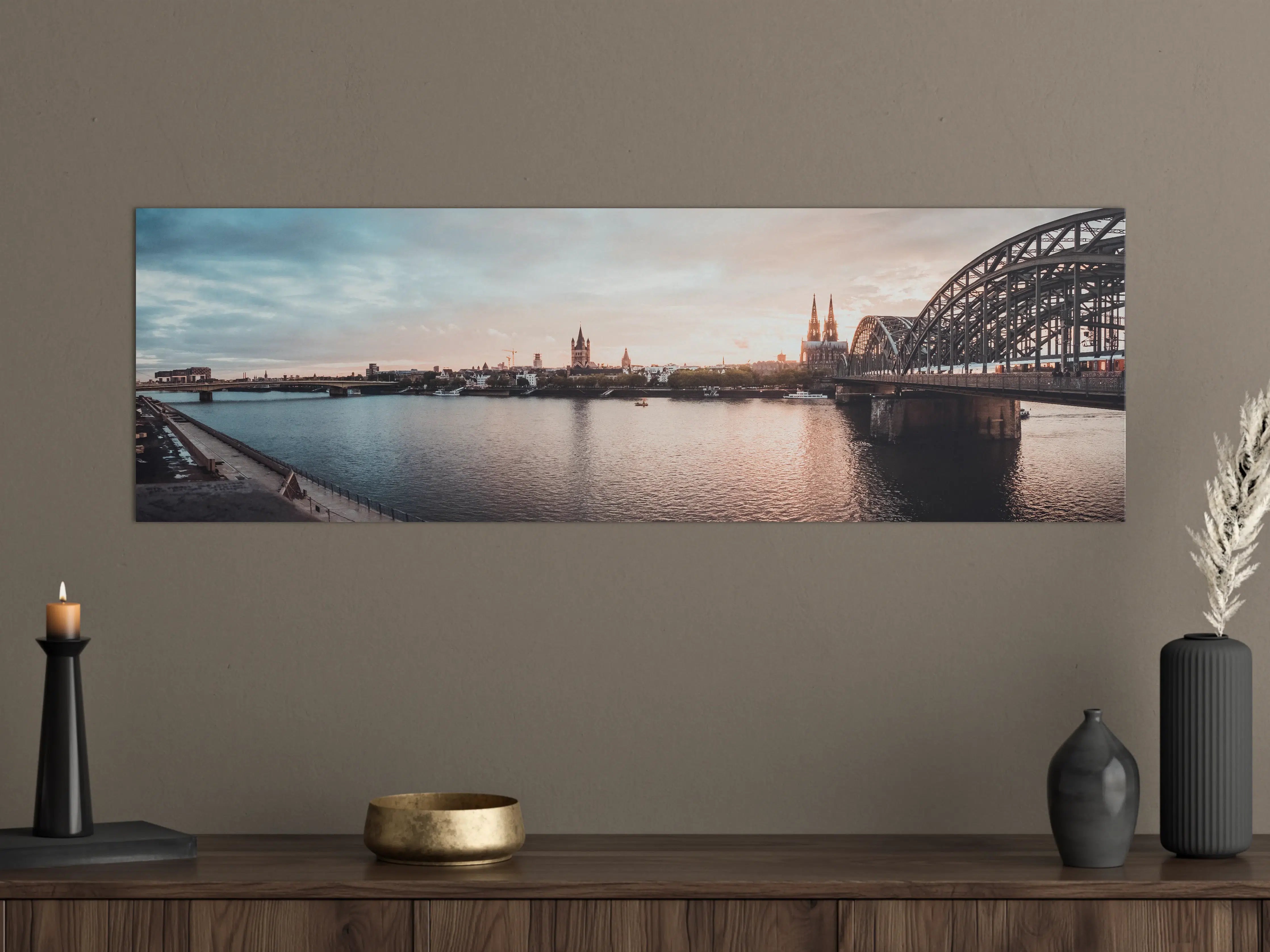 Große Wandbilder - Deutsche Stadt bei Sonnenuntergang mit Brücke und Fluss