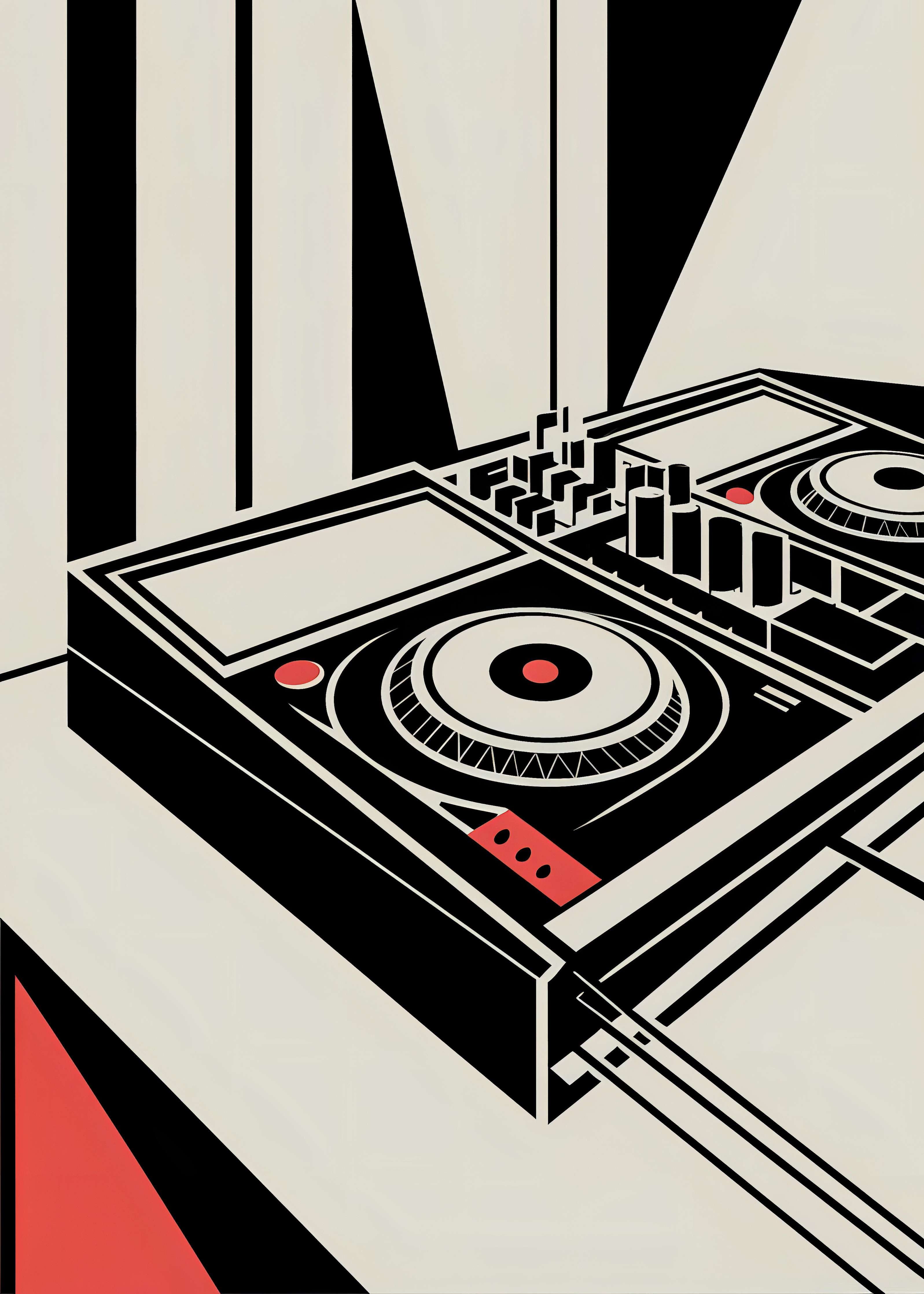 Große Wandbilder-Digital DJ-Deck in Schwarz-Weiß mit Rotakzenten