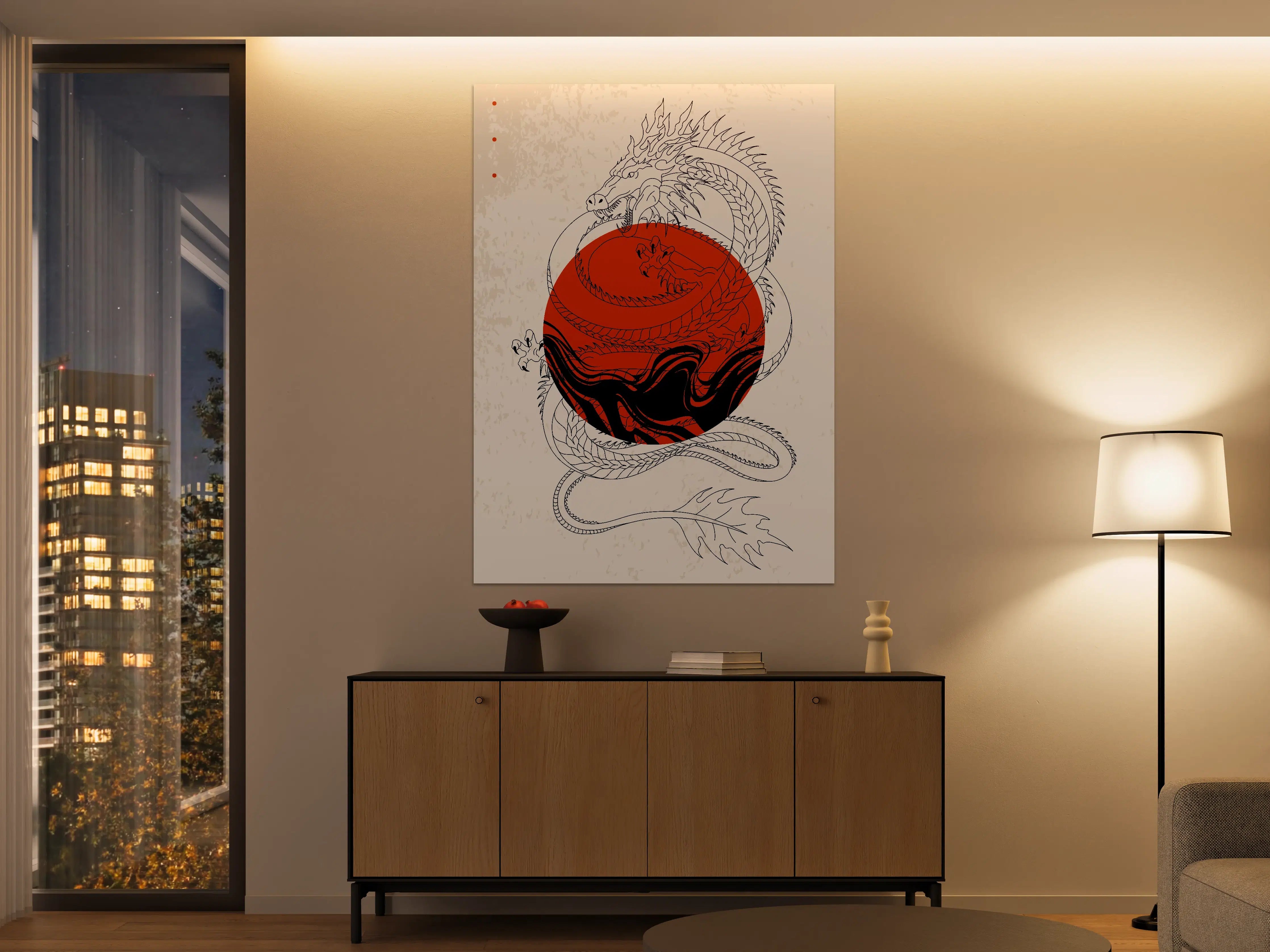 Große Wandbilder - Drachen und Sonne in asiatischem Stil