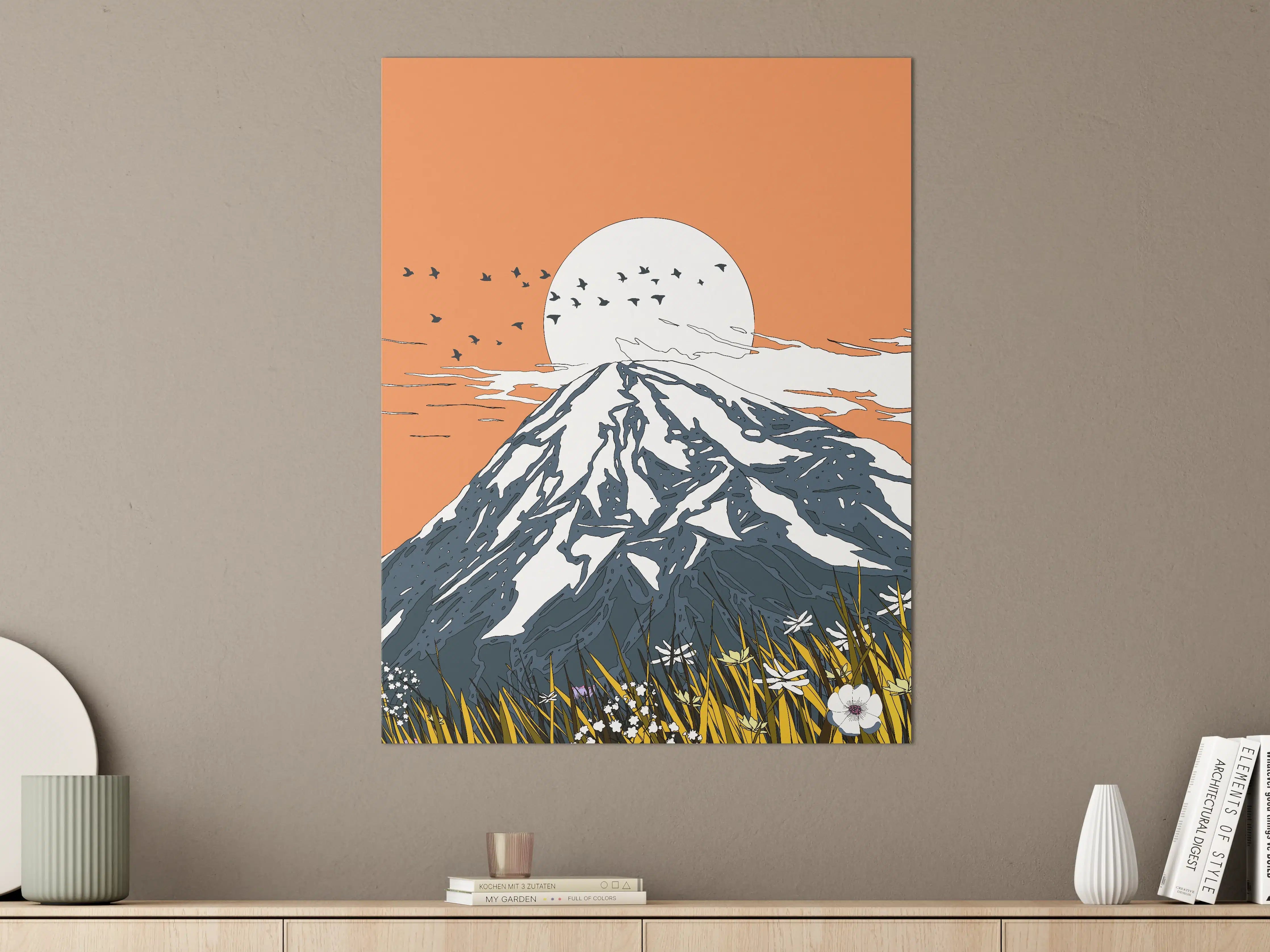 Große Wandbilder - Dramatischer Berg mit Sonnenuntergang und Vögeln