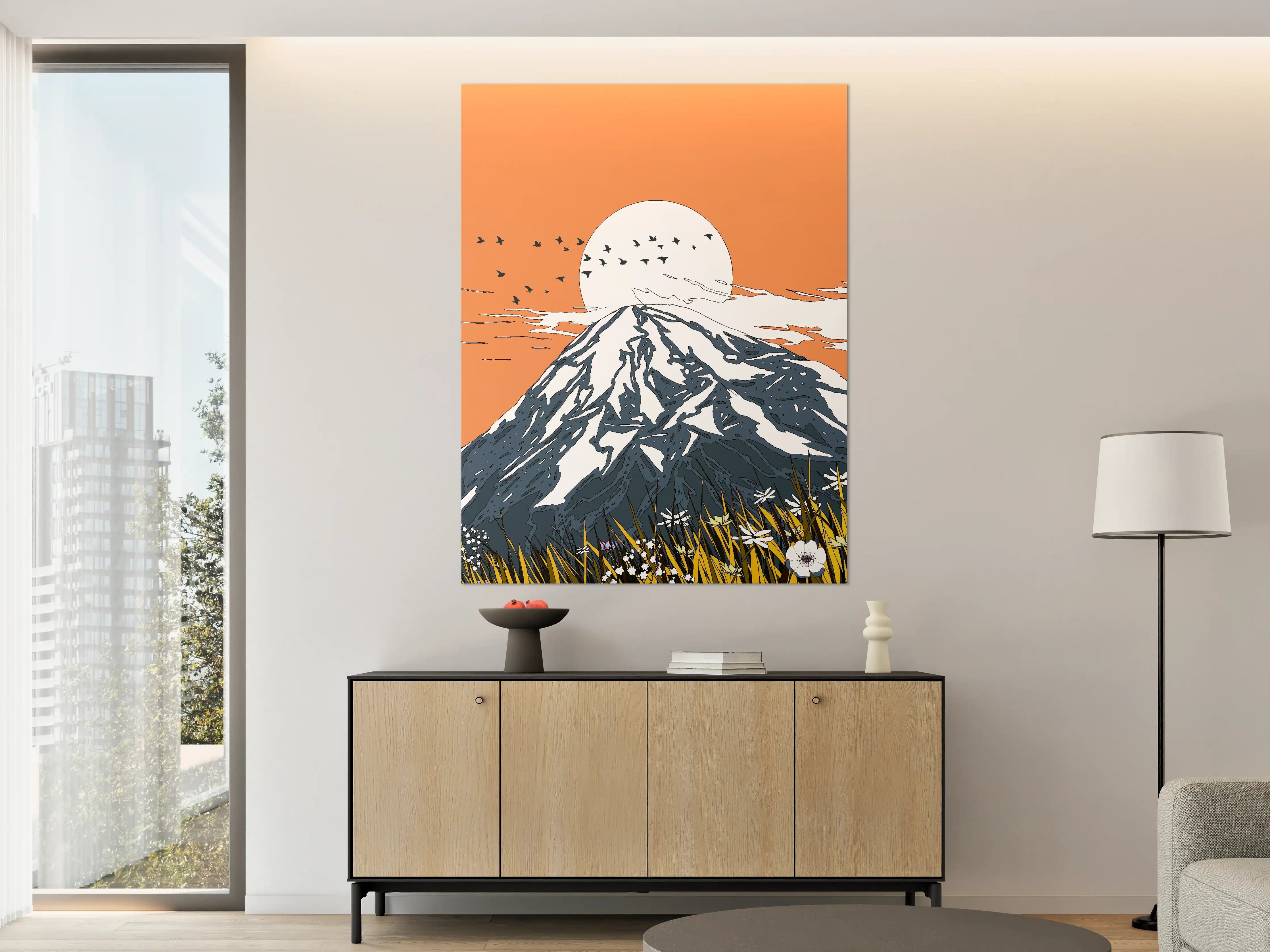 Große Wandbilder - Dramatischer Berg mit Sonnenuntergang und Vögeln
