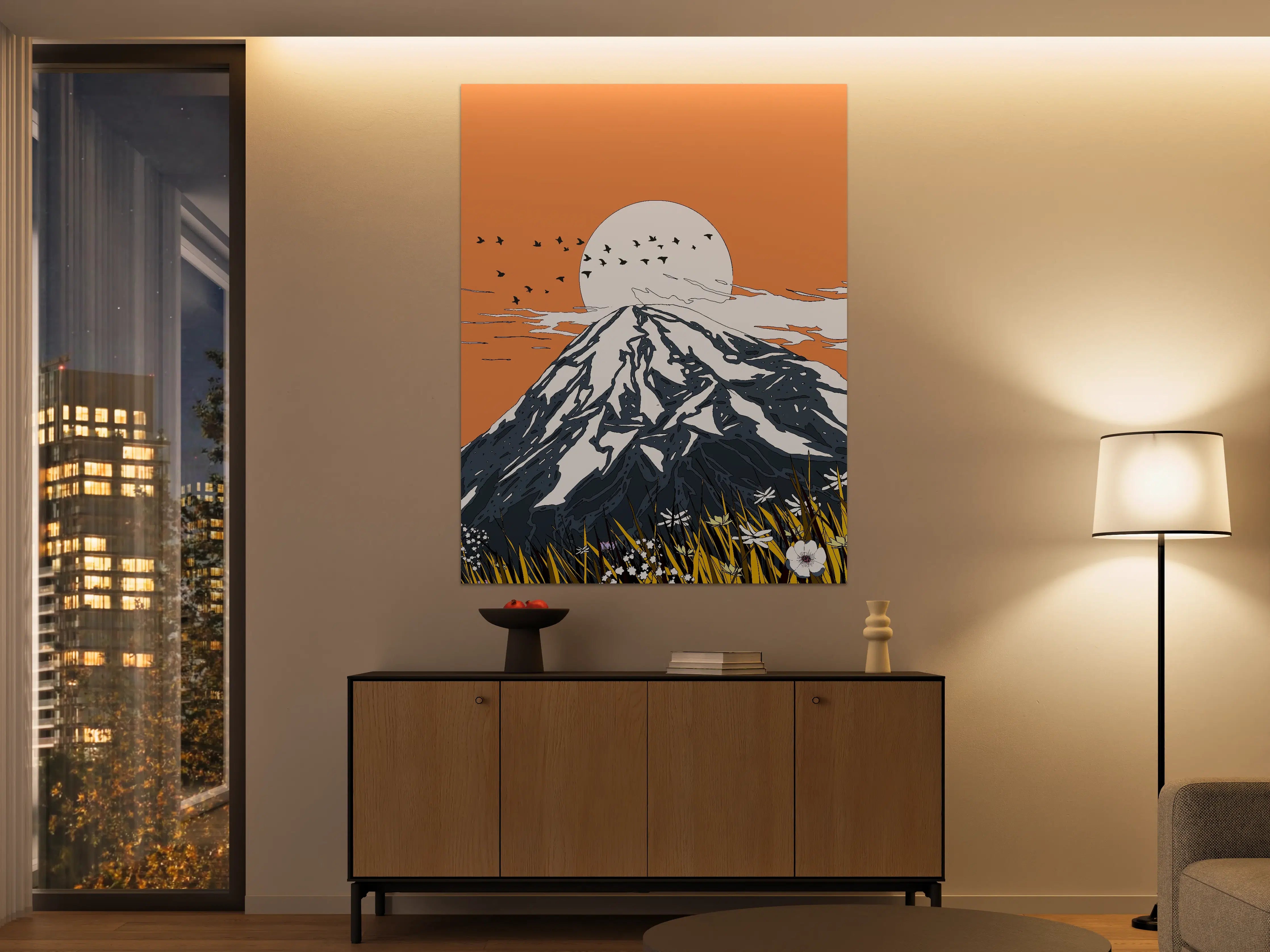 Große Wandbilder - Dramatischer Berg mit Sonnenuntergang und Vögeln