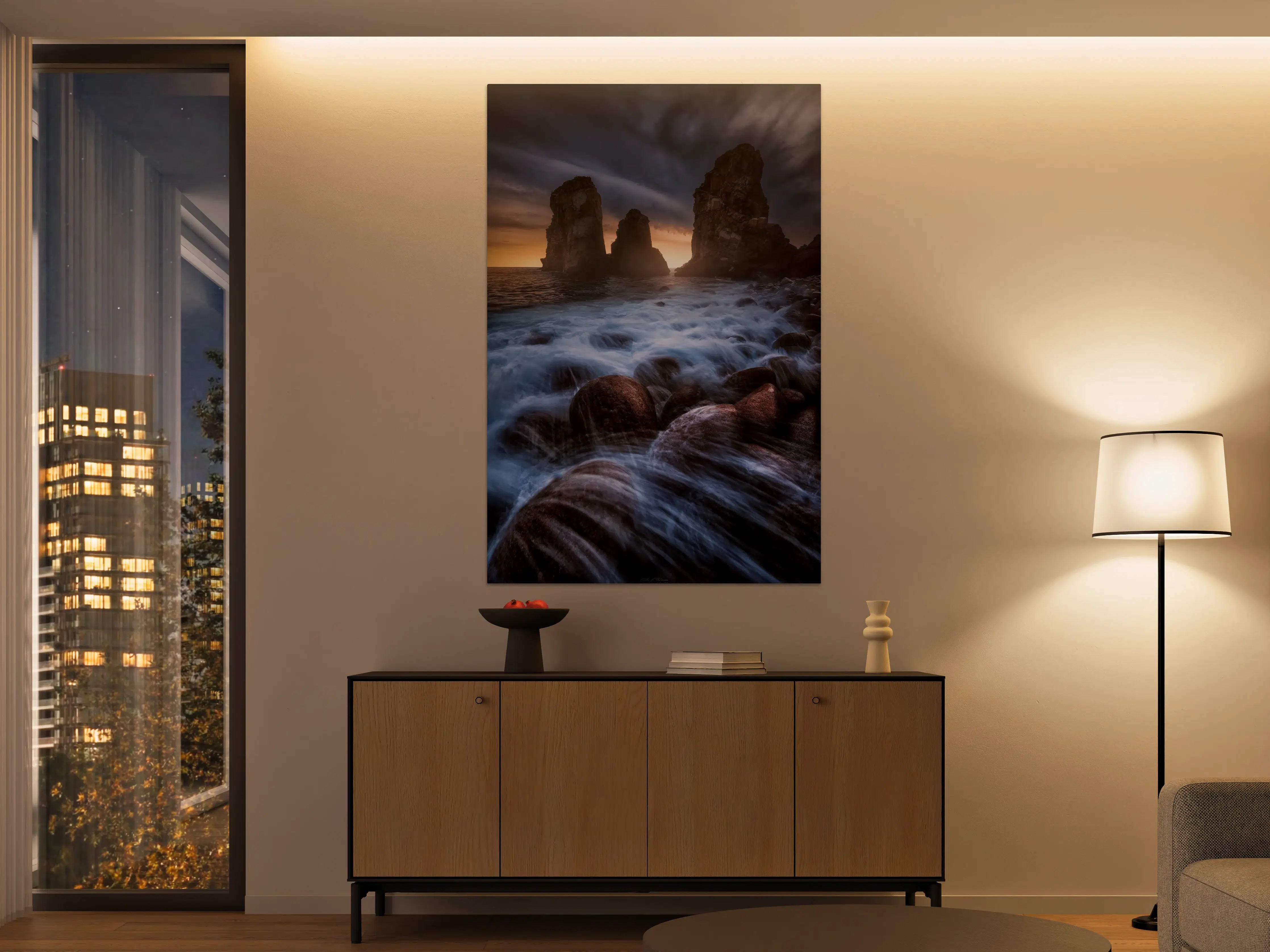 Große Wandbilder - Dramatisches Küstenfoto mit Felsen bei Sonnenuntergang