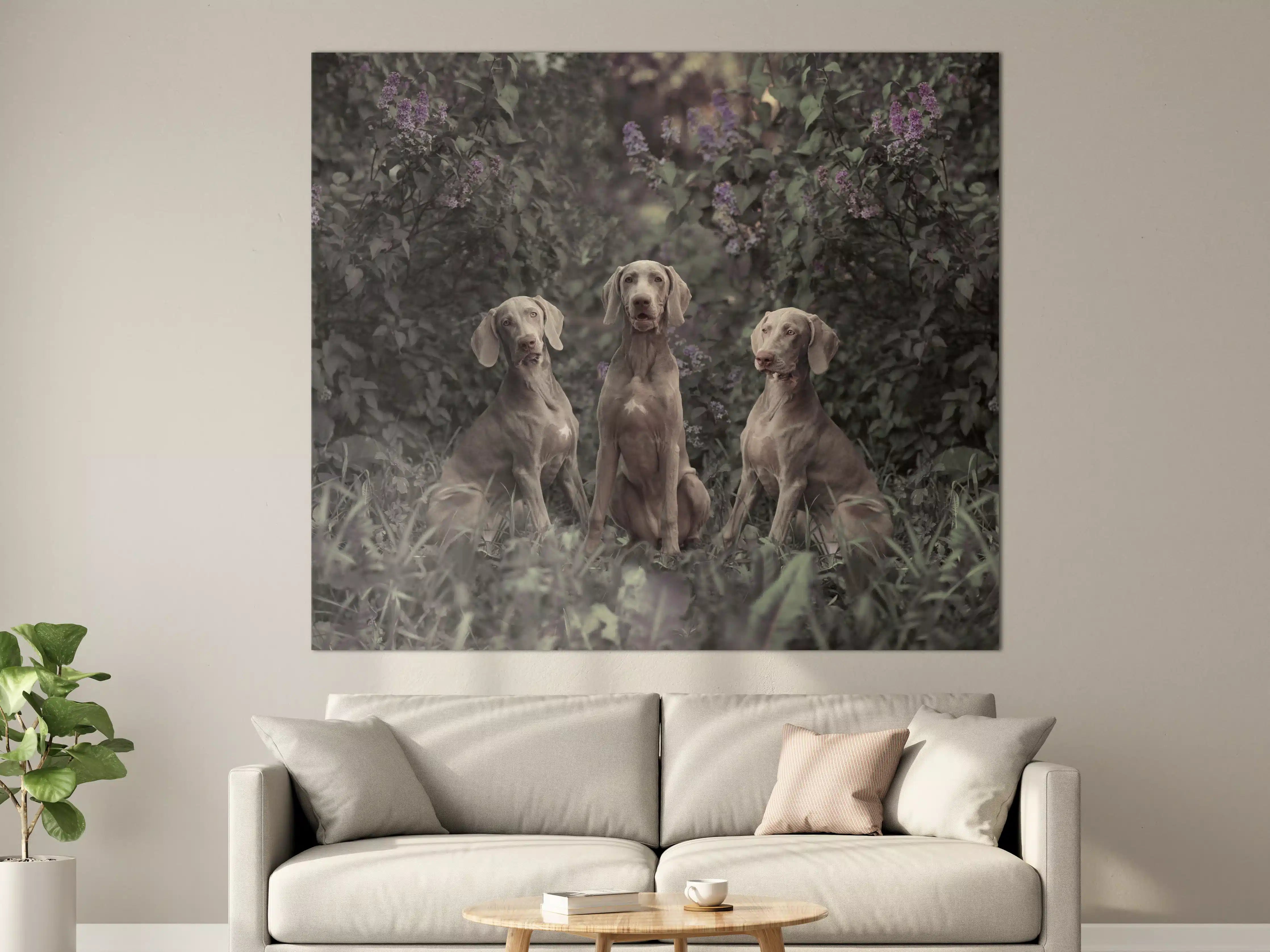Große Wandbilder - Drei Weimaranerhunde sitzend im Fliedergebüsch