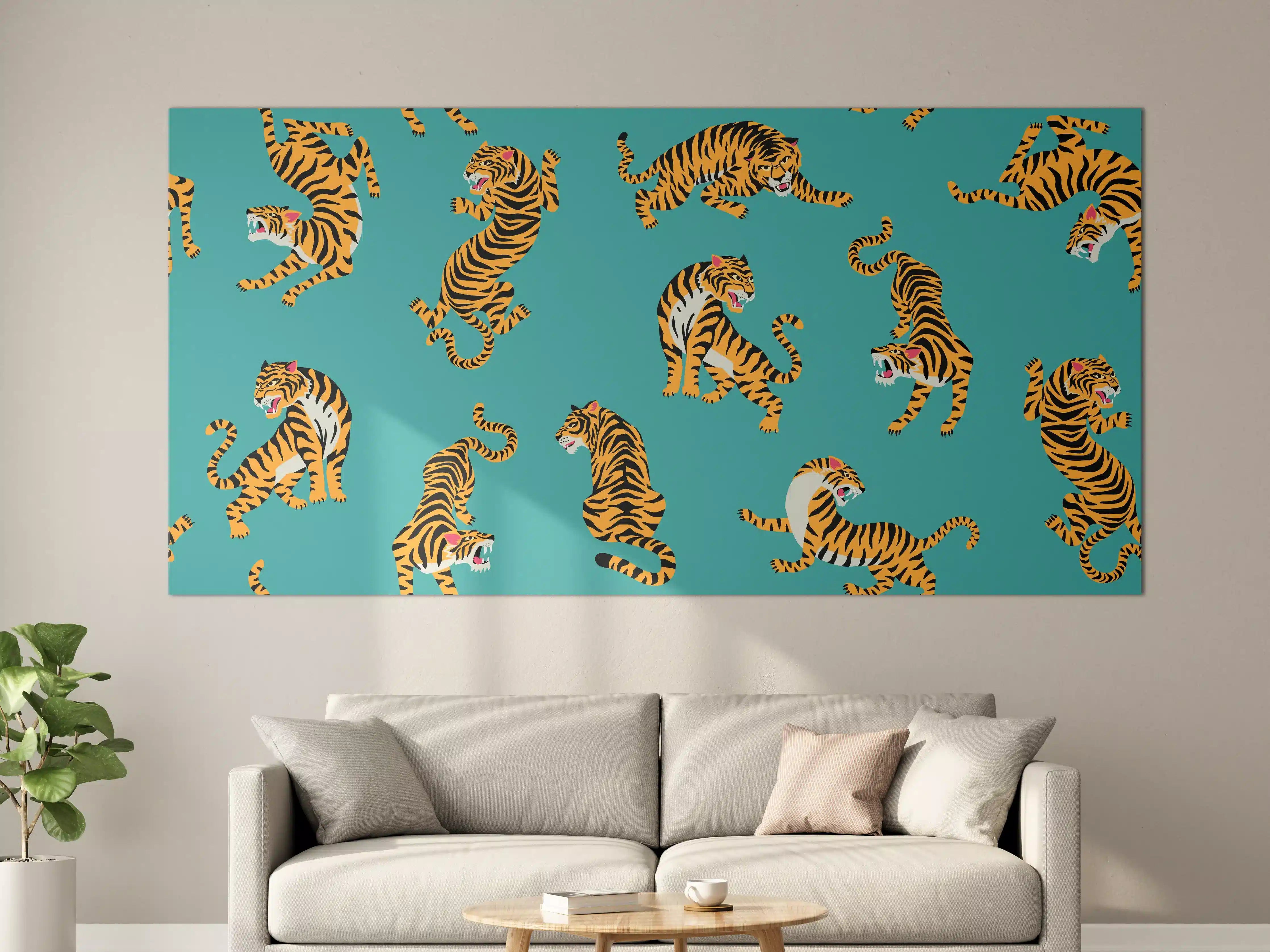 Große Wandbilder - Dschungel-Tiger auf Blauem Hintergrund