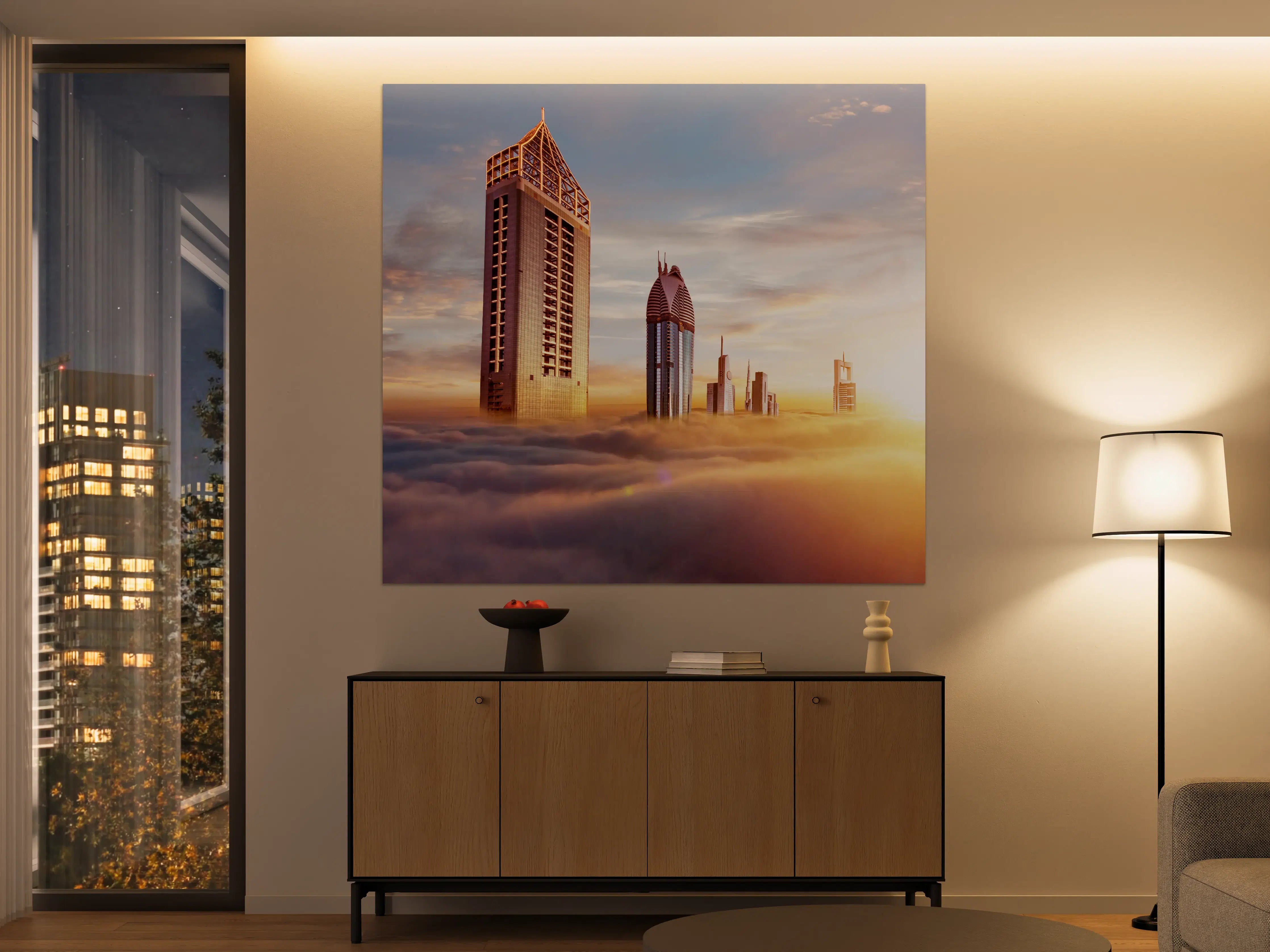 Große Wandbilder - Dubai Wolkenkratzer über den Wolken bei Sonnenaufgang