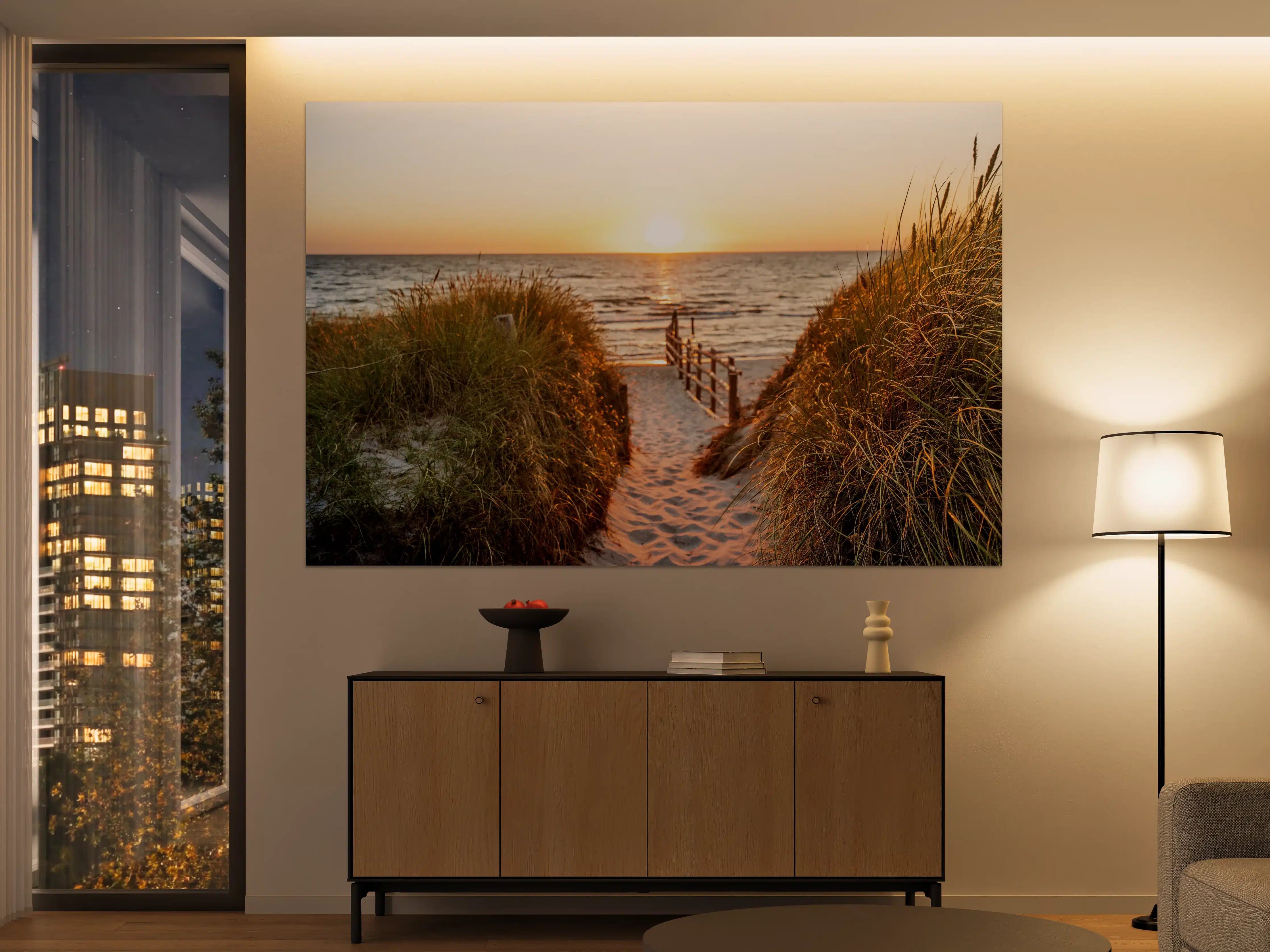 Große Wandbilder - Dünen am Strand an der Nordsee bei Sonnenuntergang