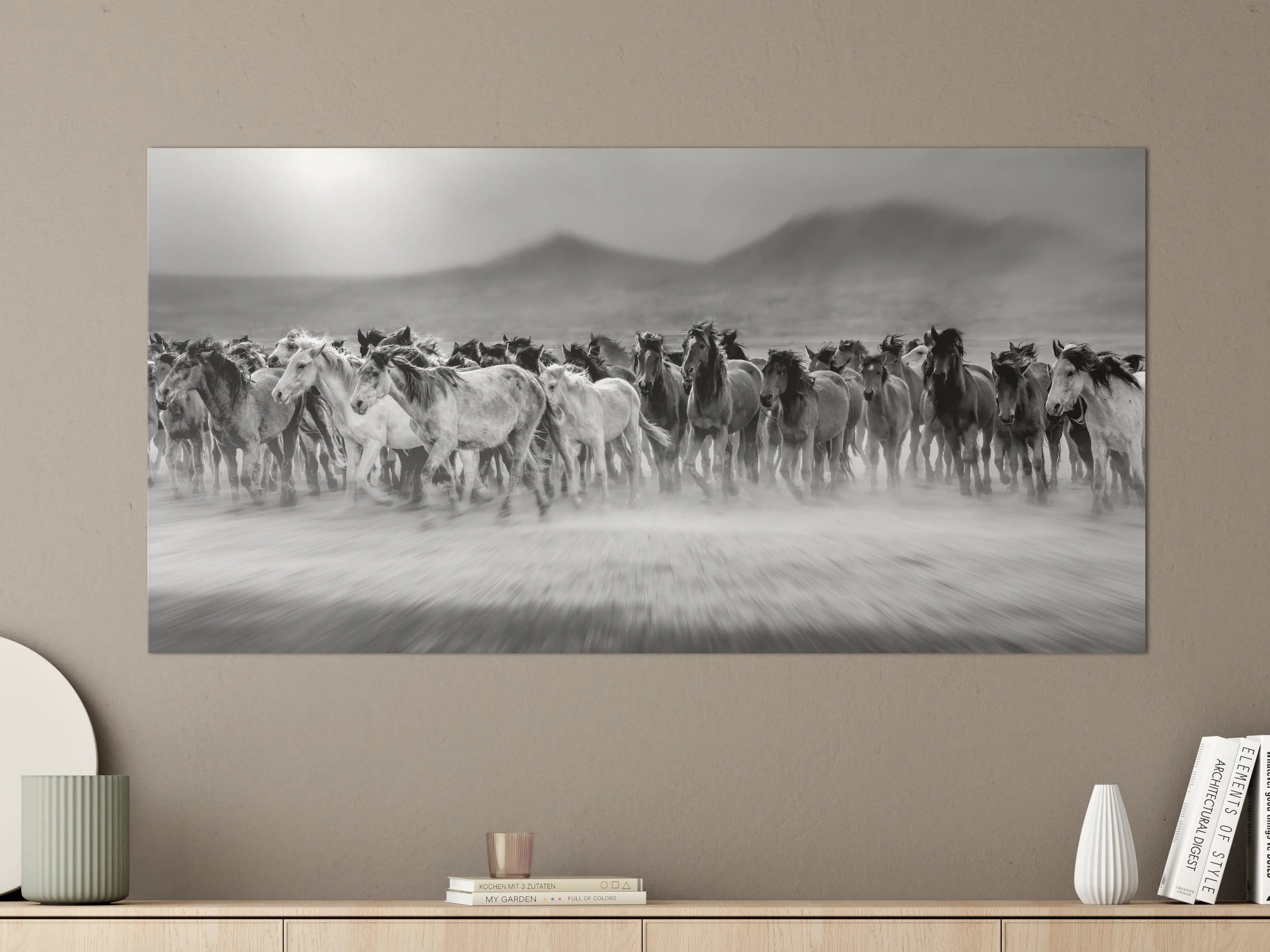 Große Wandbilder - Dünen und Pferde in Schwarz-Weiß
