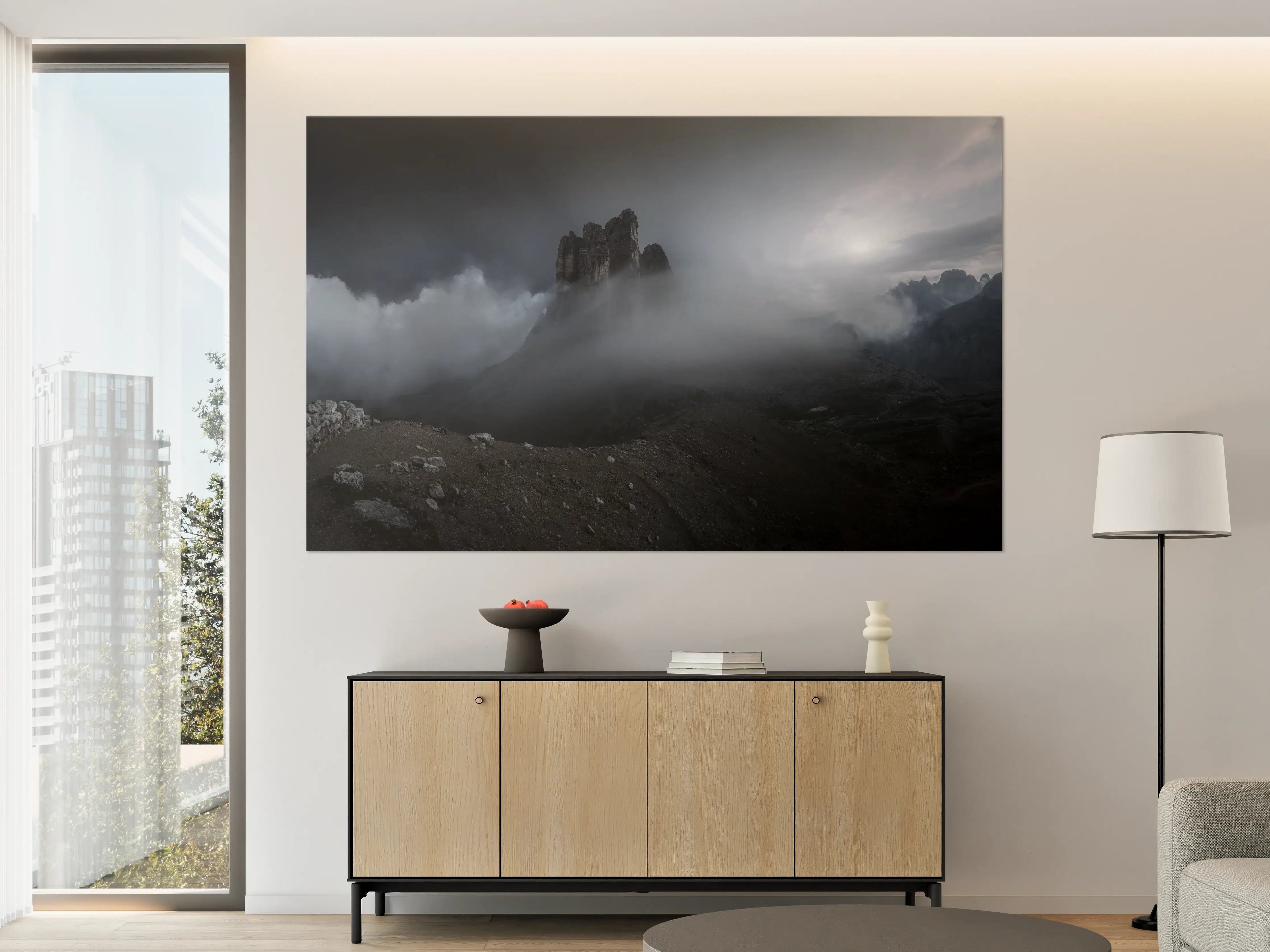 Große Wandbilder - Dunkle Berglandschaft mit Nebel und Wolken