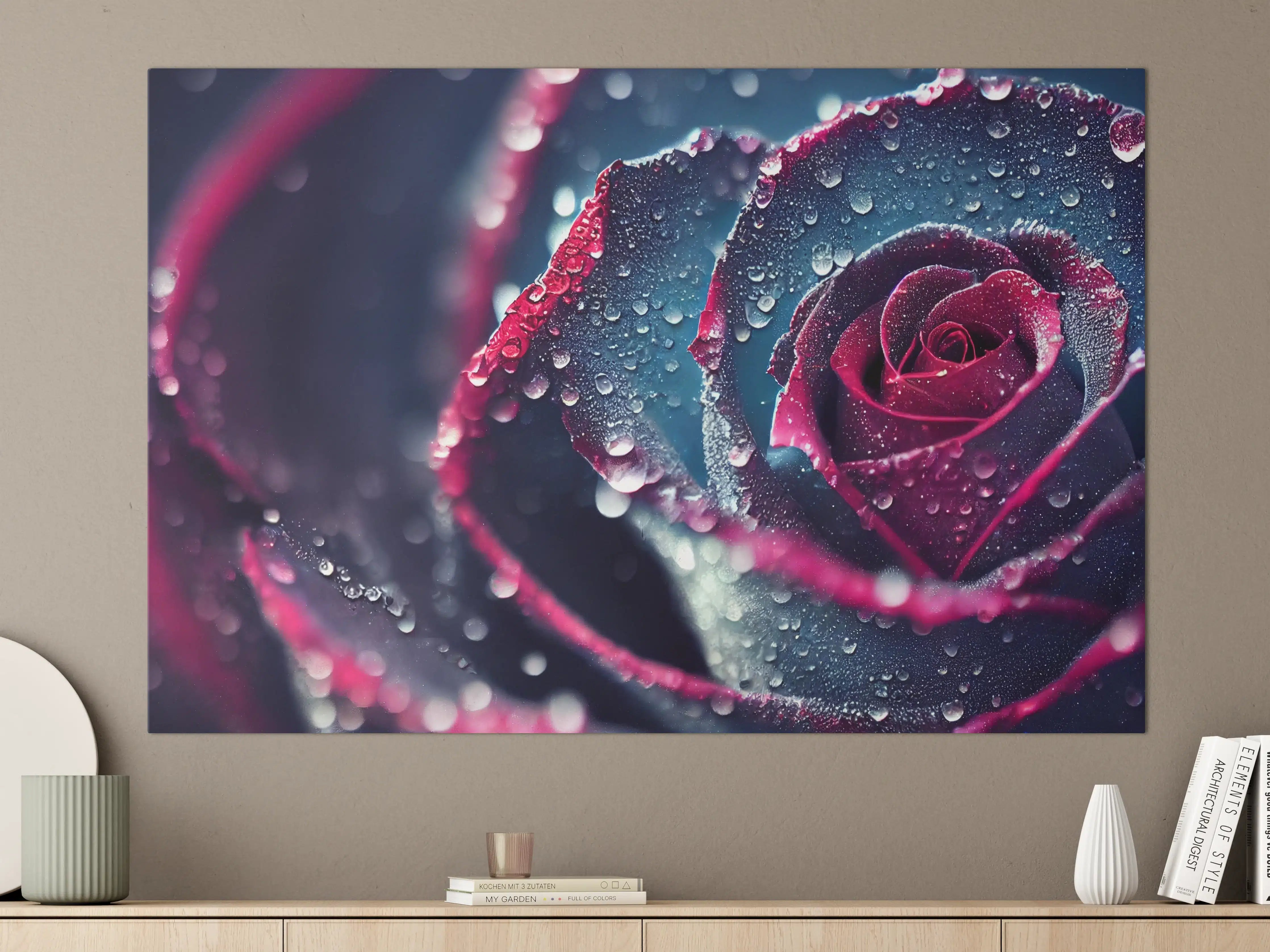 Große Wandbilder - Dunkle Rosen mit Wassertröpfchen in Nahaufnahme