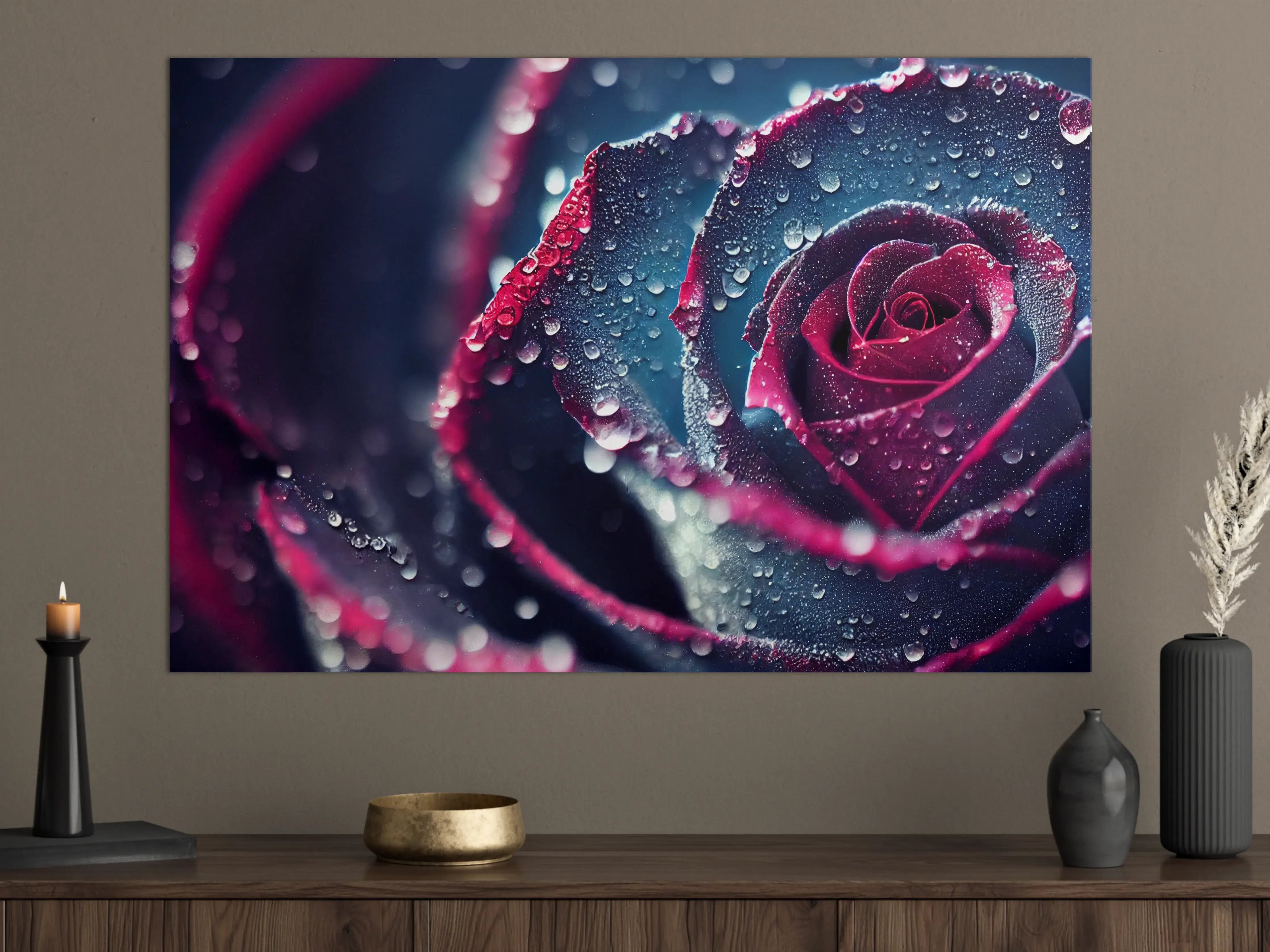 Große Wandbilder - Dunkle Rosen mit Wassertröpfchen in Nahaufnahme