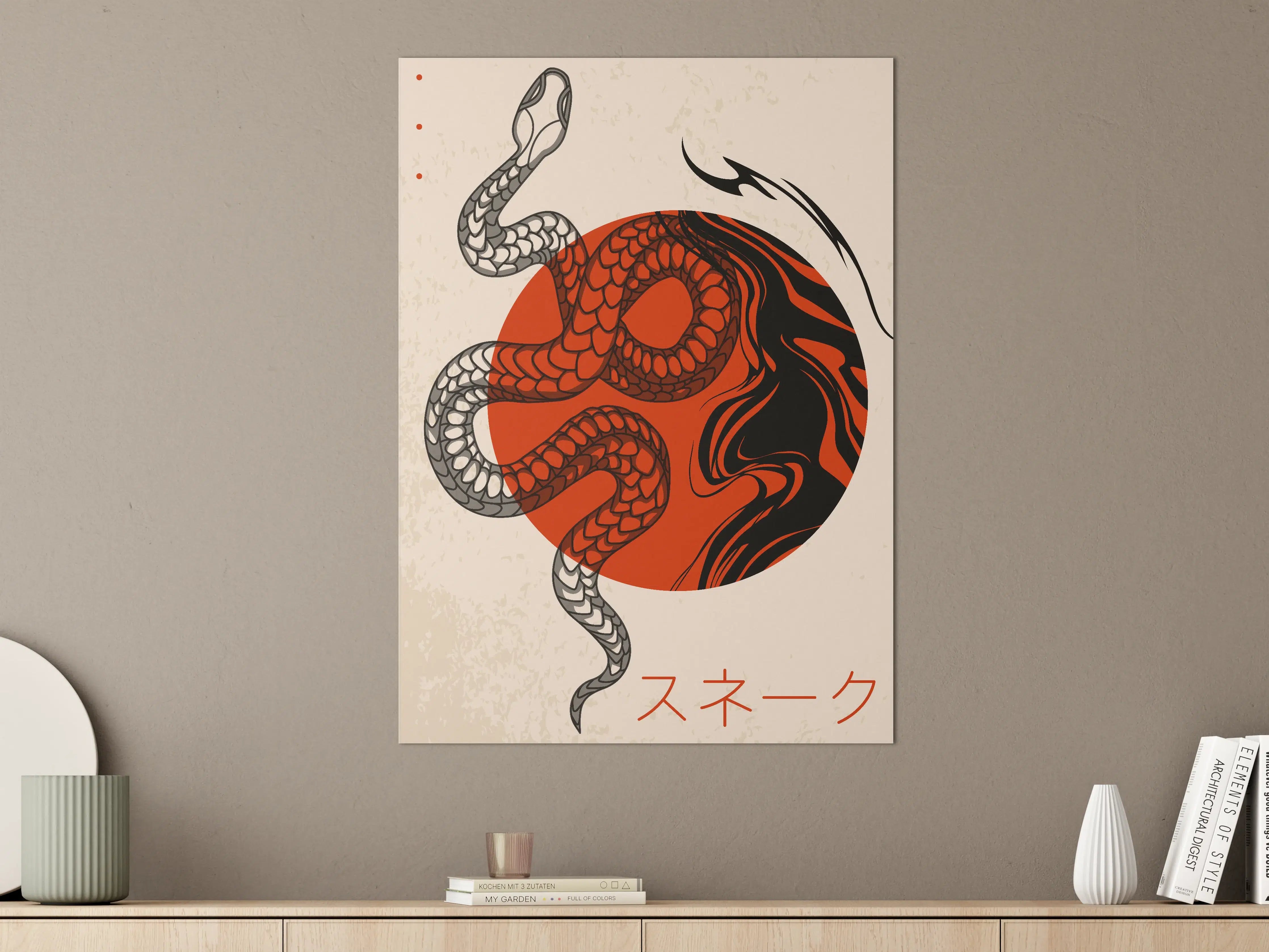 Große Wandbilder - Dynamische Schlangen-Illustration mit rotem Hintergrund