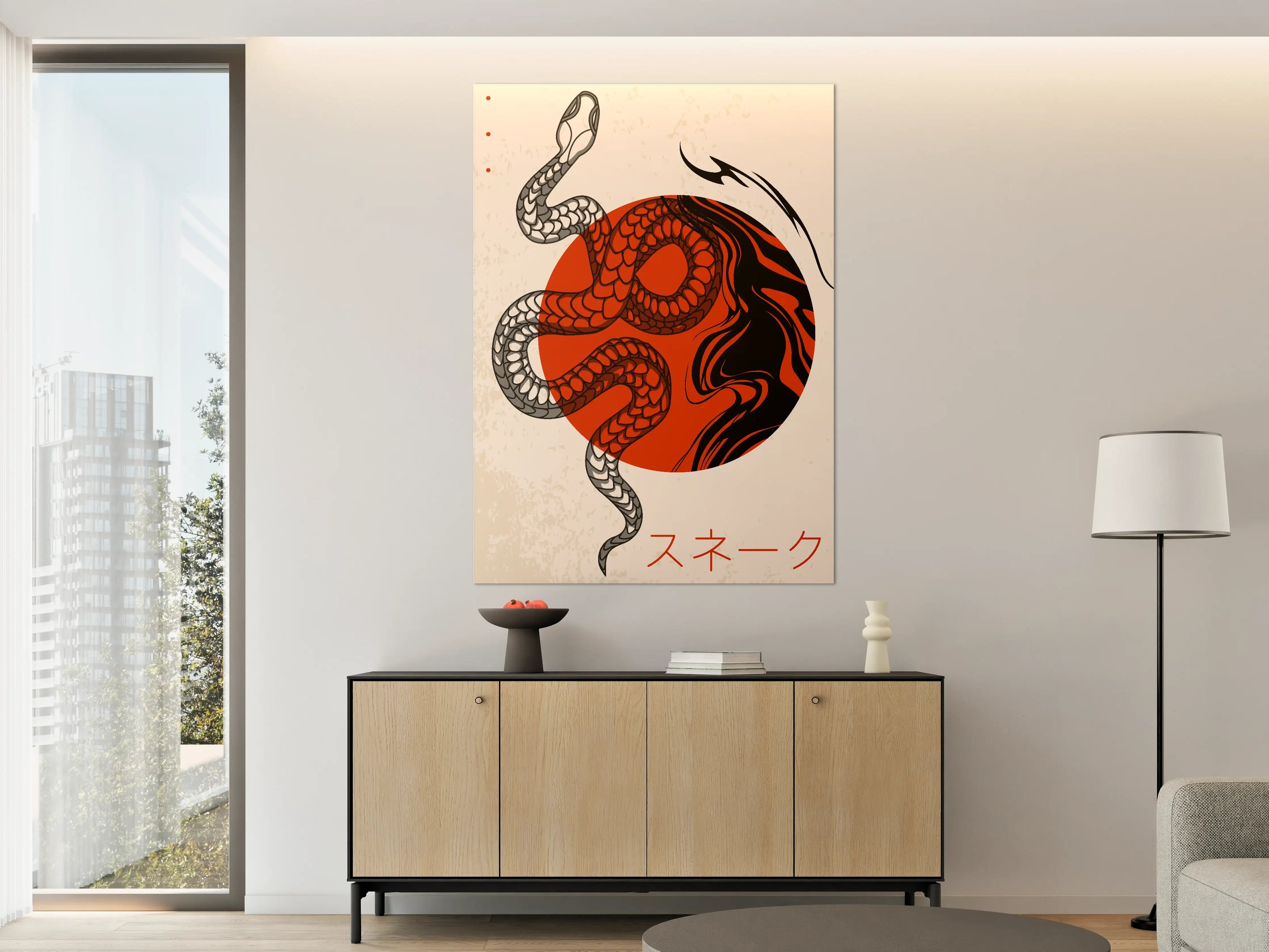 Große Wandbilder - Dynamische Schlangen-Illustration mit rotem Hintergrund