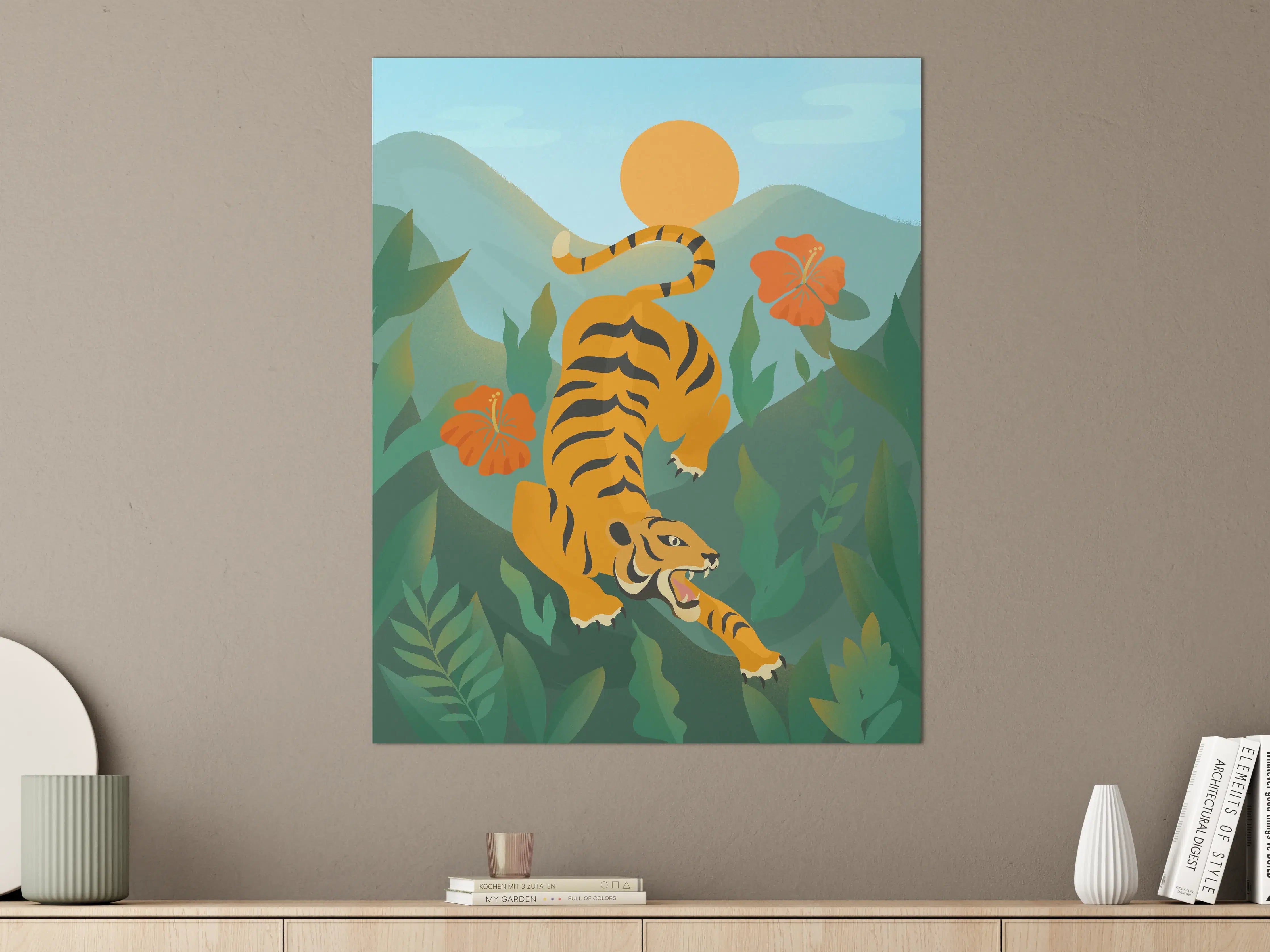 Große Wandbilder - Dynamischer Tiger in grüner Dschungellandschaft mit Sonnenuntergang
