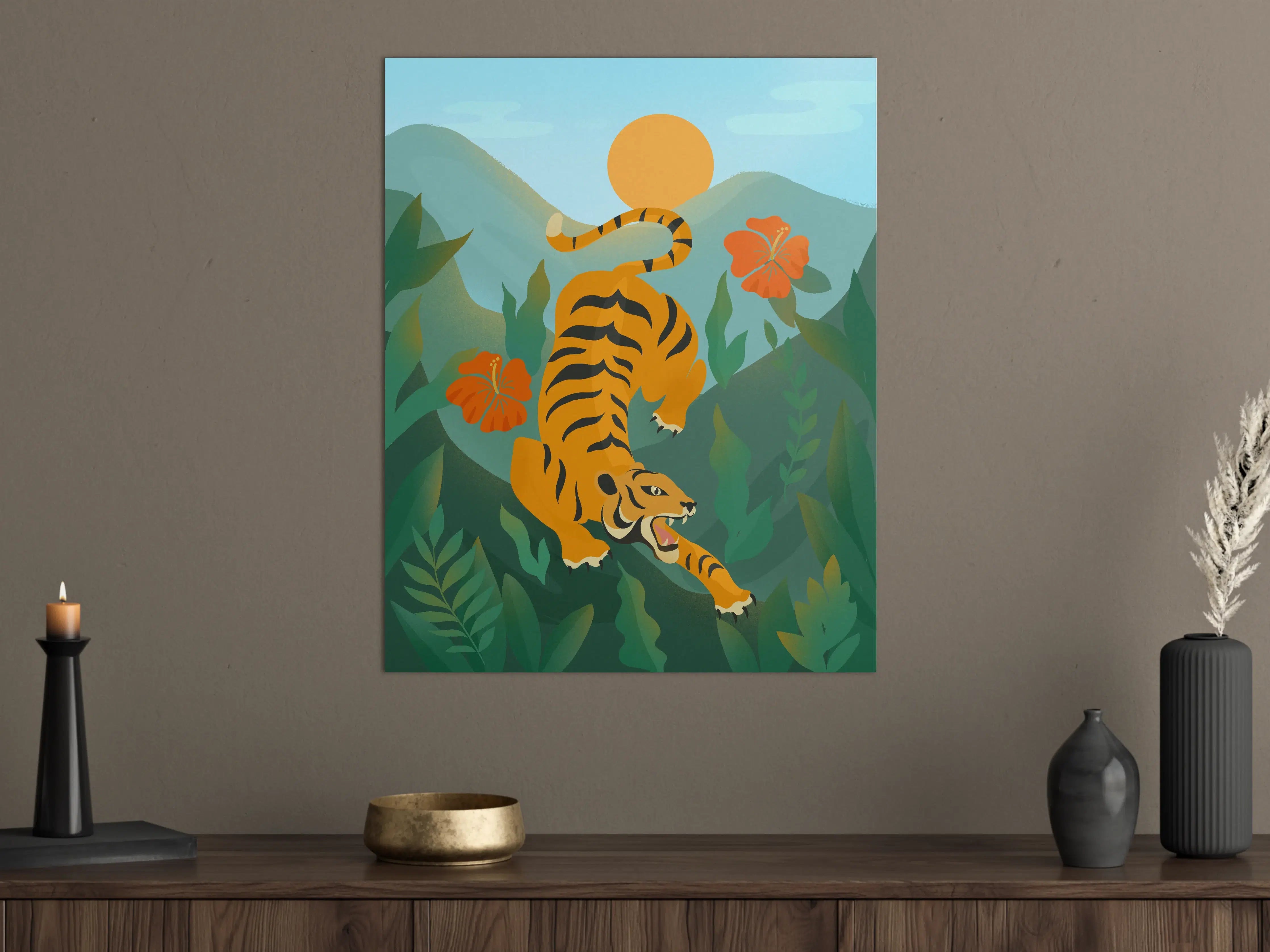 Große Wandbilder - Dynamischer Tiger in grüner Dschungellandschaft mit Sonnenuntergang
