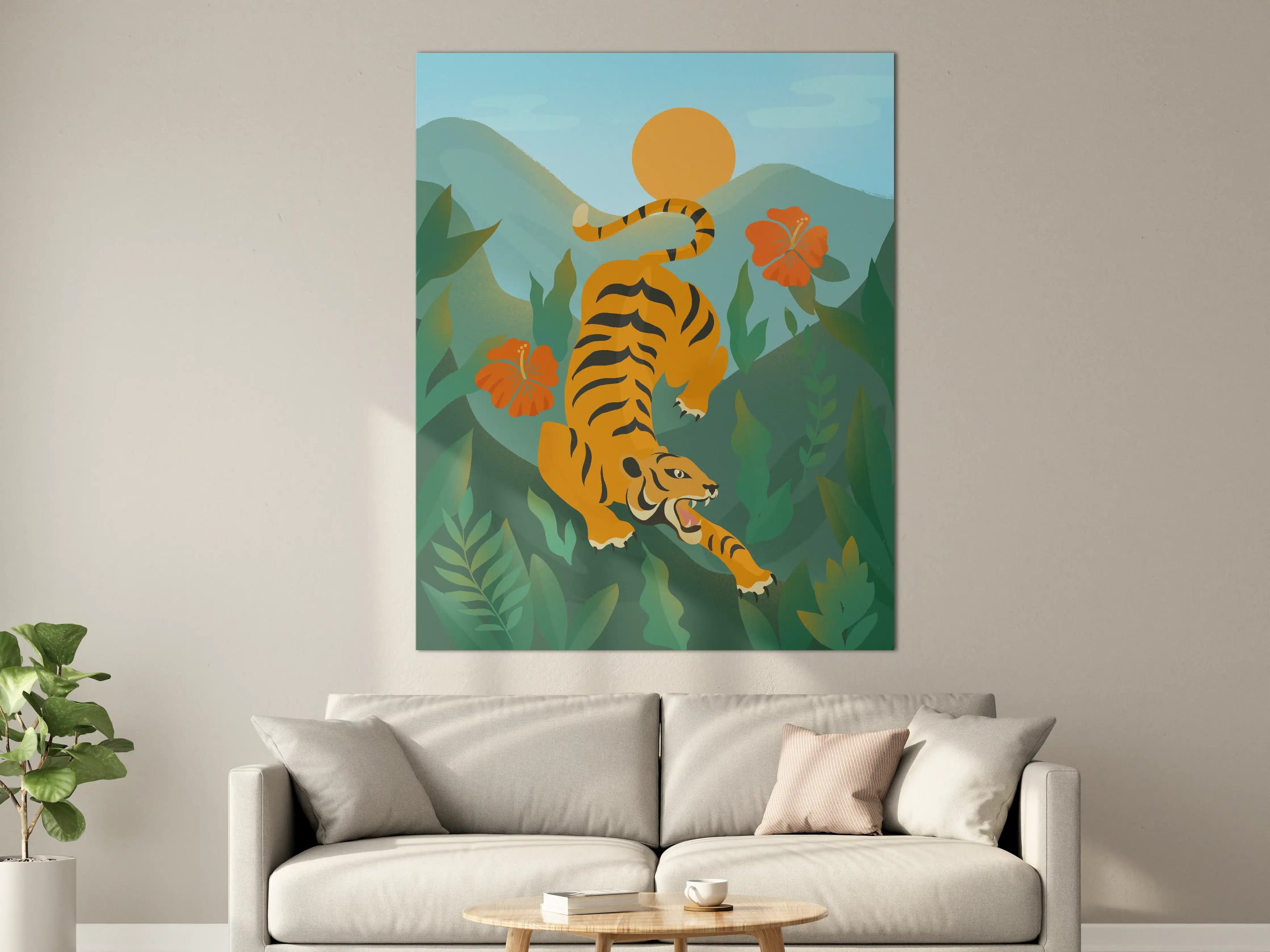 Große Wandbilder - Dynamischer Tiger in grüner Dschungellandschaft mit Sonnenuntergang