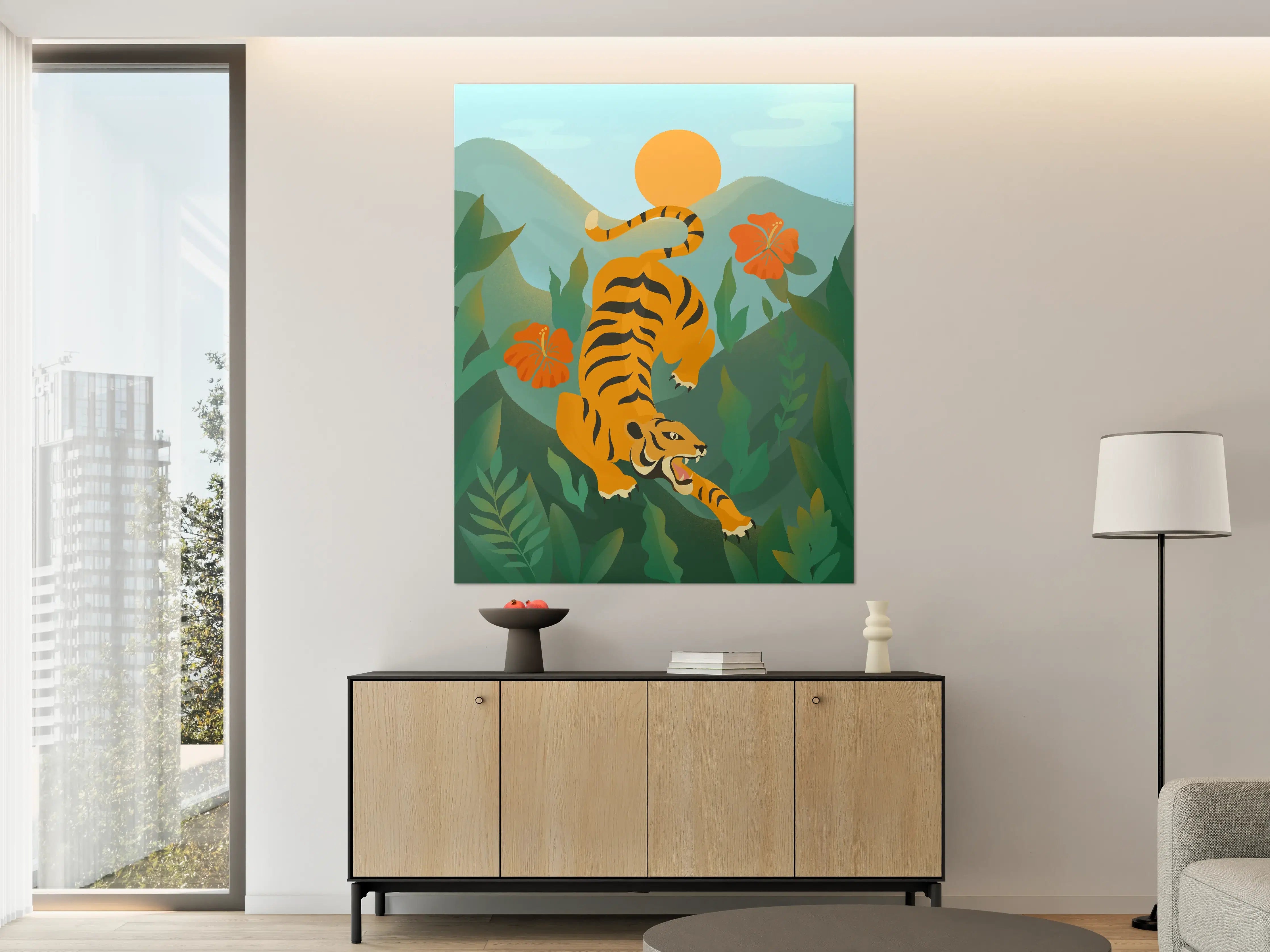 Große Wandbilder - Dynamischer Tiger in grüner Dschungellandschaft mit Sonnenuntergang