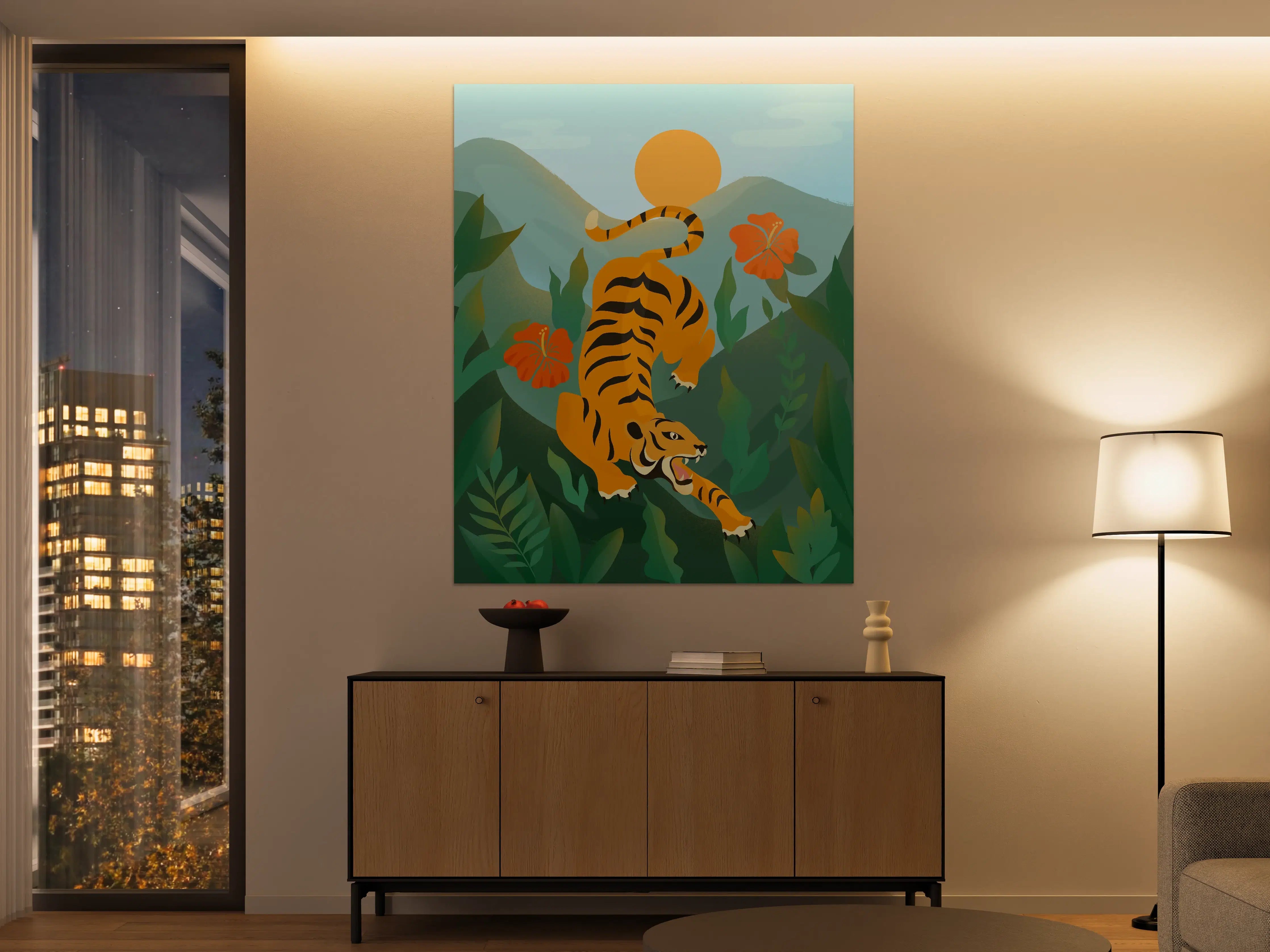 Große Wandbilder - Dynamischer Tiger in grüner Dschungellandschaft mit Sonnenuntergang