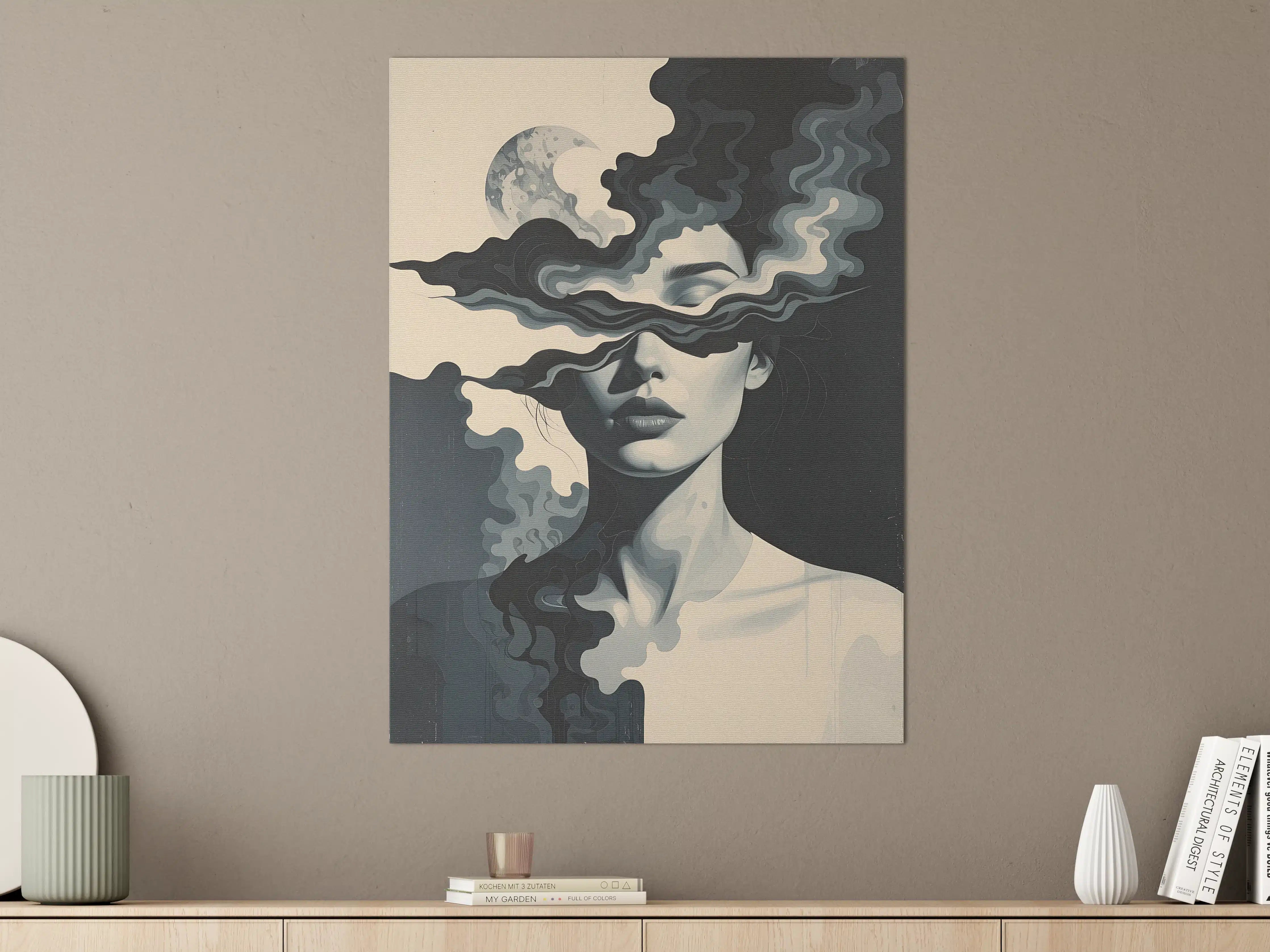 Große Wandbilder - Dynamisches Kunstwerk mit Mond-Silhouette