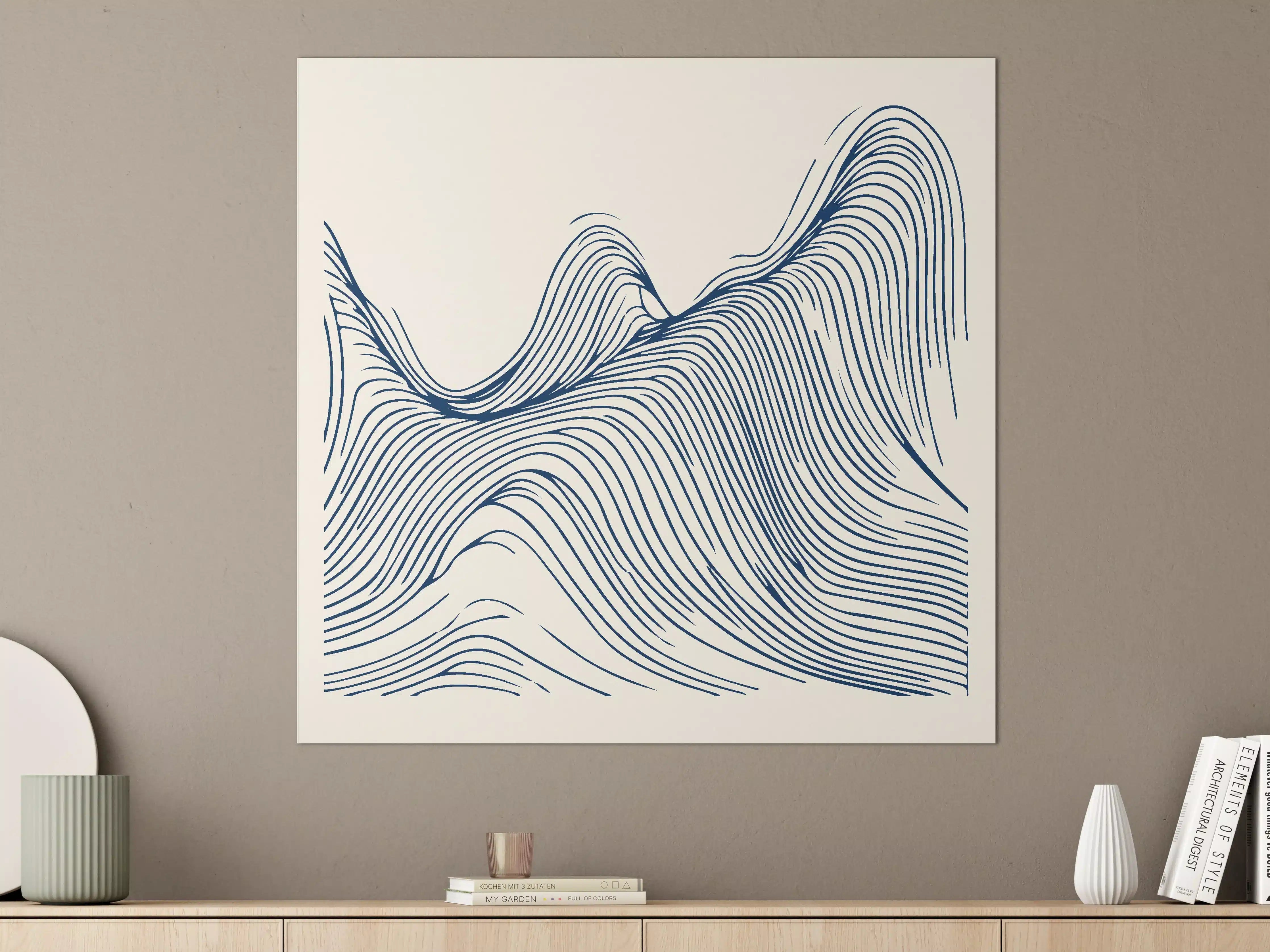 Große Wandbilder - Dynamisches Linien-Design in Creme und Blau