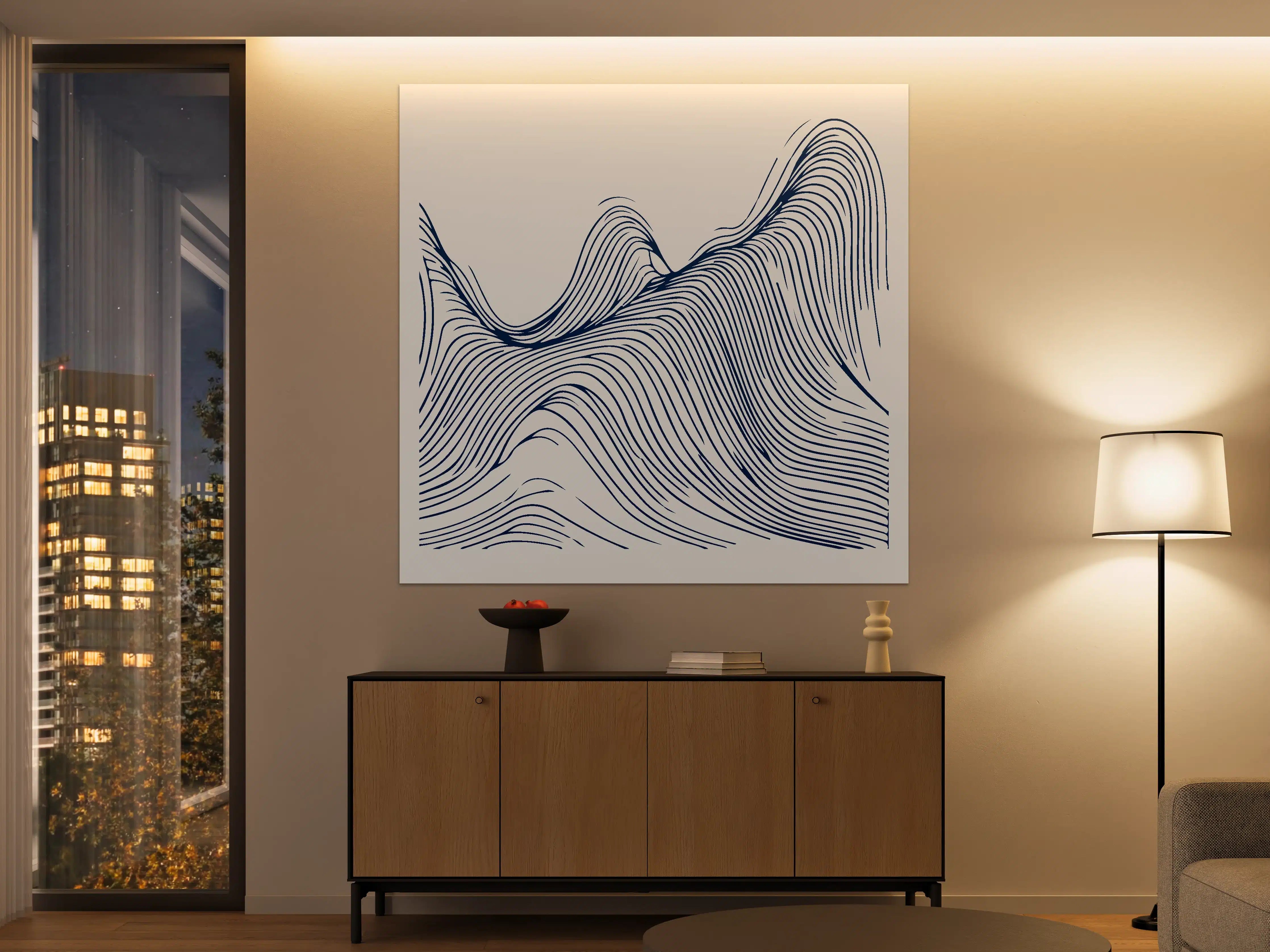 Große Wandbilder - Dynamisches Linien-Design in Creme und Blau