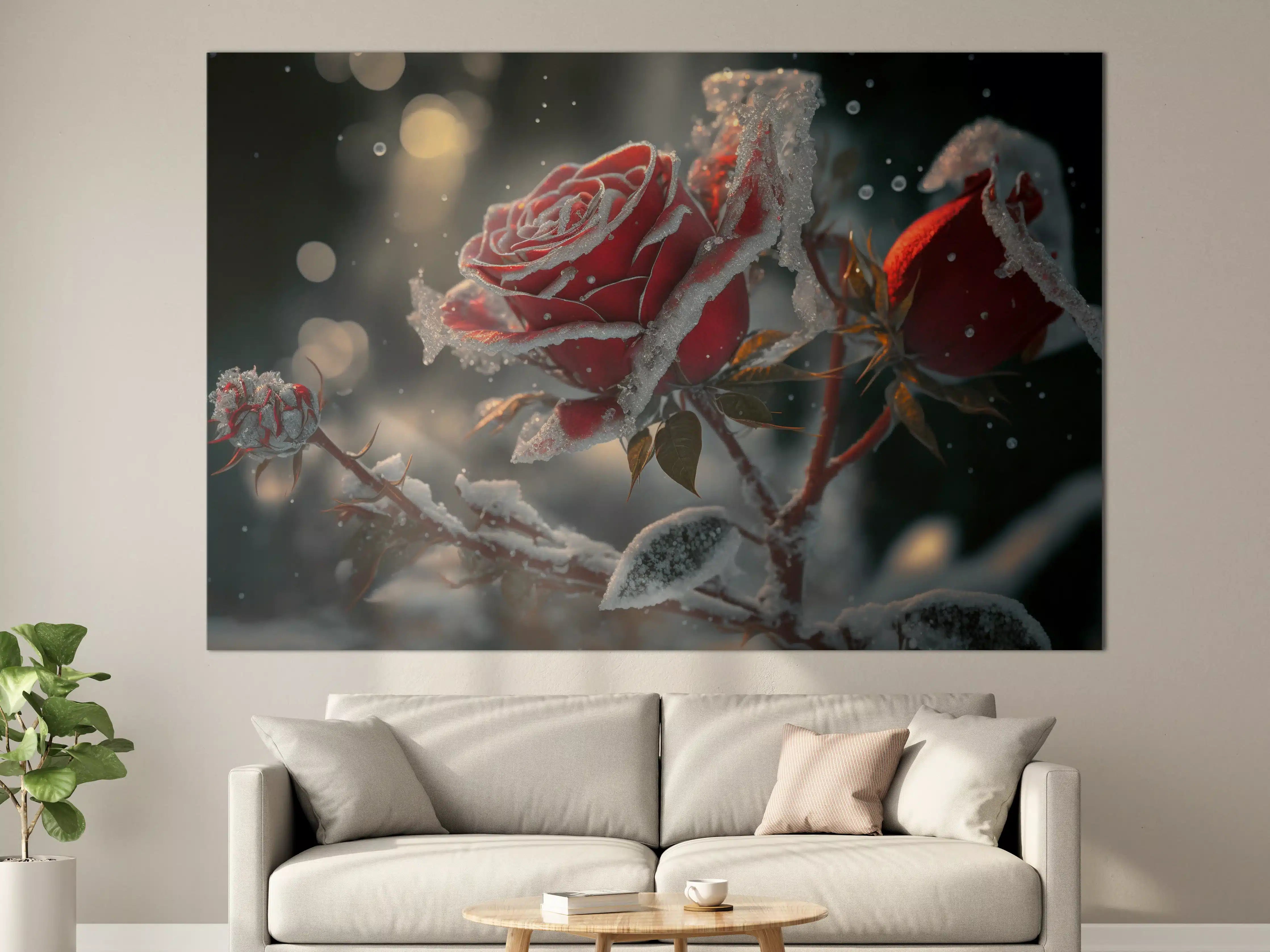 Große Wandbilder - Eisblumen an roter Rose bei Sonnenlicht