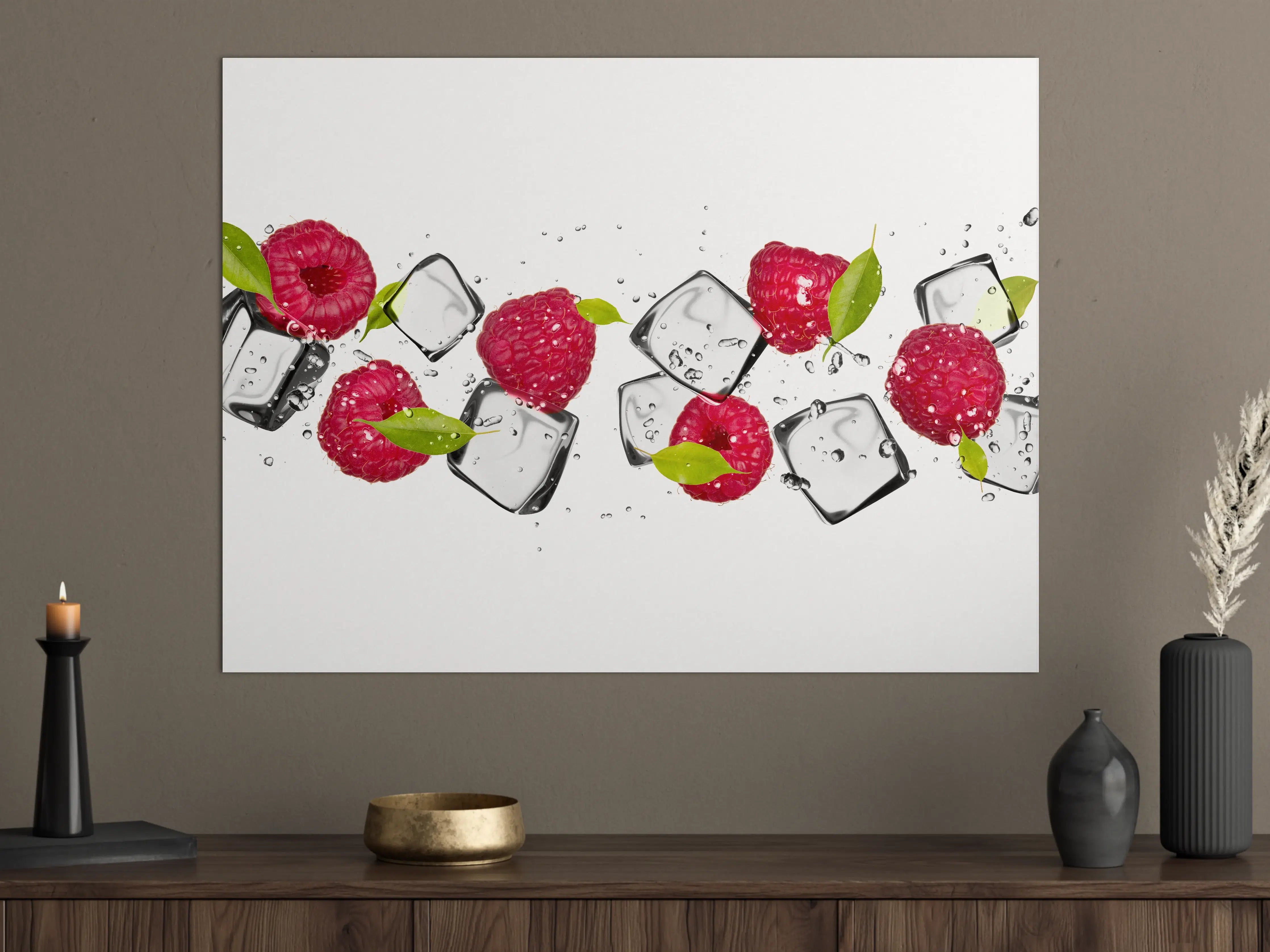 Große Wandbilder - Eiswürfel mit Himbeeren