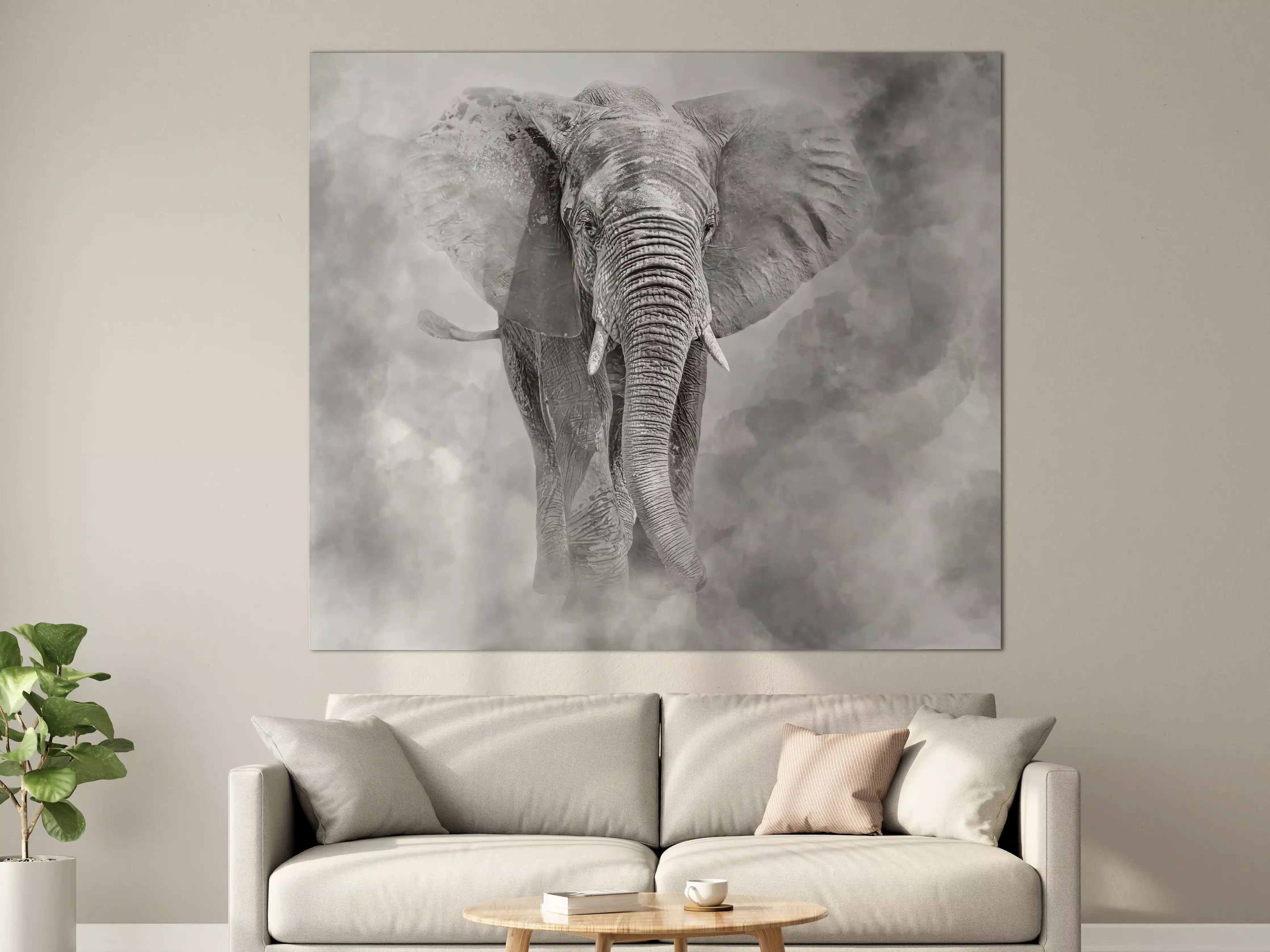 Große Wandbilder - Elefant in Graustufen und Wolken