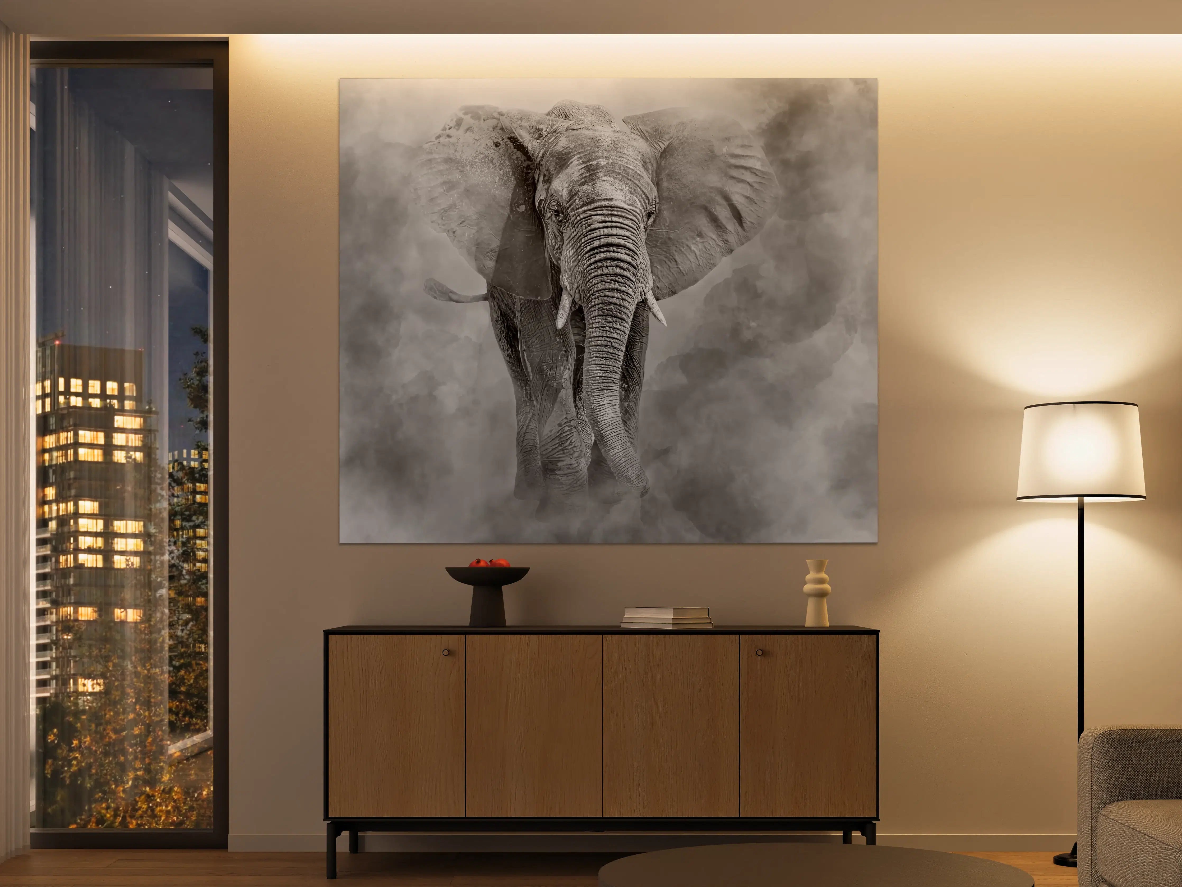 Große Wandbilder - Elefant in Graustufen und Wolken